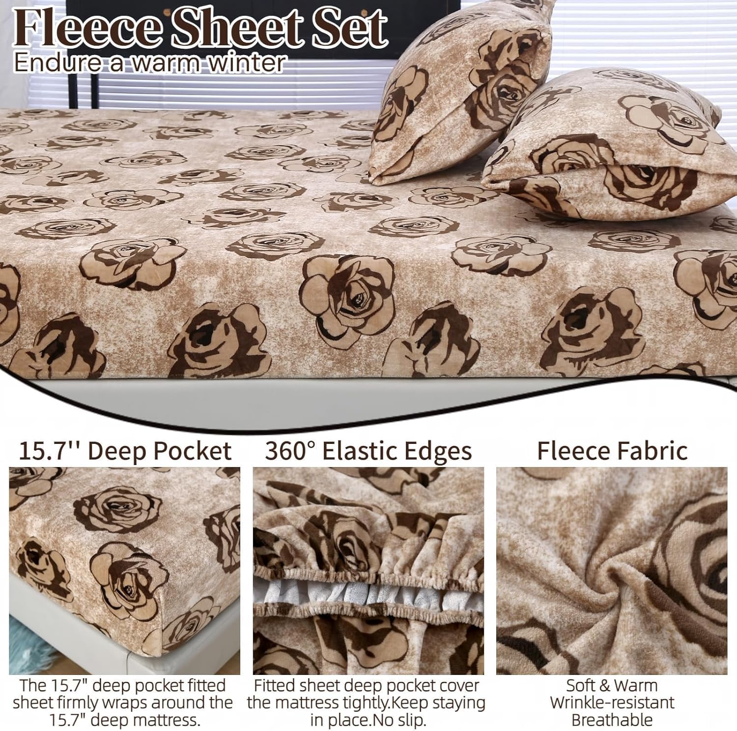 MAG 3Pcs Fleece Fitted Sheet Full Size with Brown Floral Pattern, Super Cute Fluffy Warm Flower Print Decor Bottom Sheets for Women Girls,included1*Fitted Sheet and 2*Pillowcases.