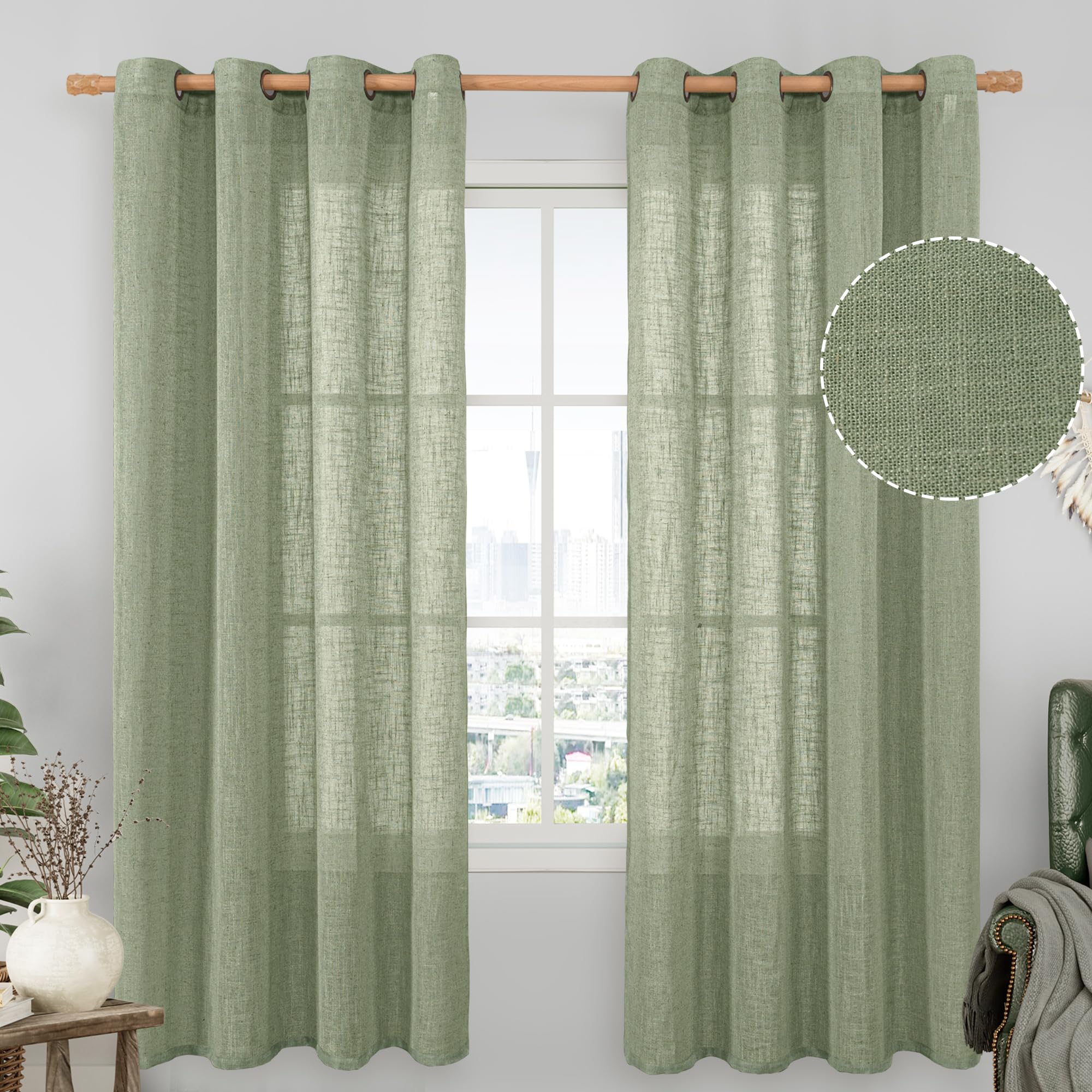 LAMIT Natural Ivory Linen Semi Sheer Curtains 84 inch Length, Cream Light Filtering Soft Thick Neutral Living Room Drapes with Bronze Grommet for Bedroom/Farmhouse, 2 Panels, 52 x 84 Inch