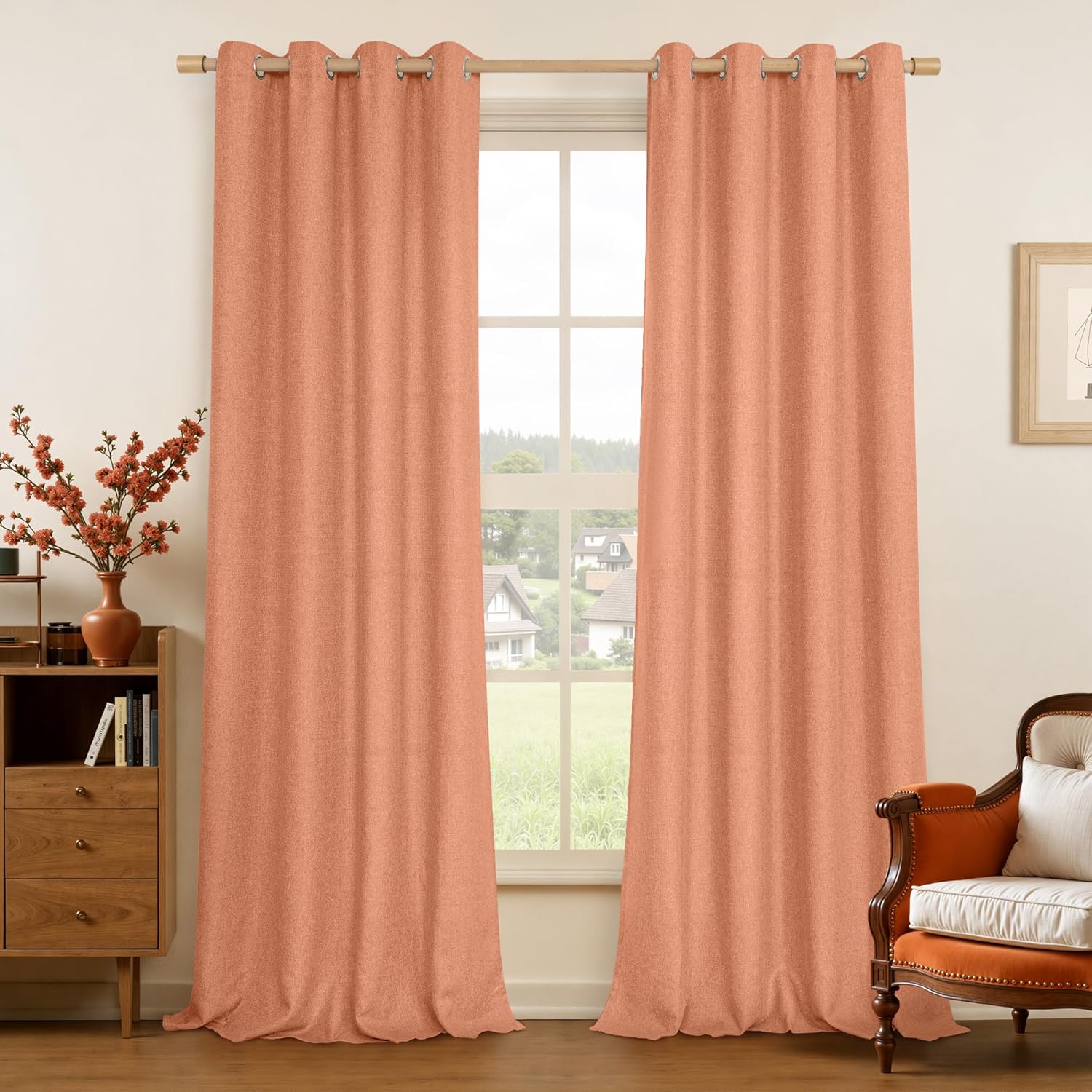 LAMIT Linen Curtains 84 inch Length 2 Panels, Grommet Thick Soft Light Filtering Curtains Privacy Living Room Window Drapes for Bedroom/Farmhouse, W52 x L84, Natural Beige