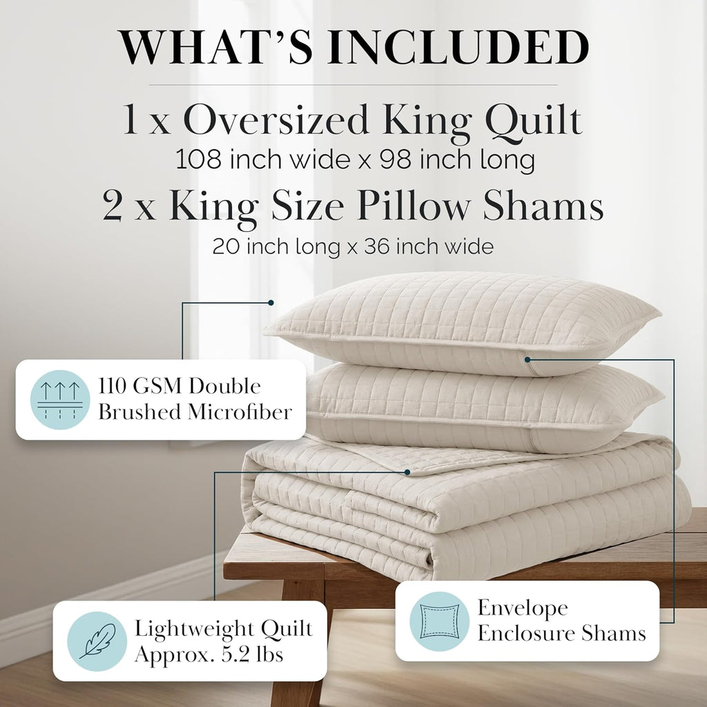 Southshore Fine Living, Inc. King Quilt Bedding Set, Quilted Coverlet Bed Spread for California Kings, Luxury Bedding King Size Quilt Bedding Set, Lightweight Quilted Bedspread w/Shams, Natural Beige