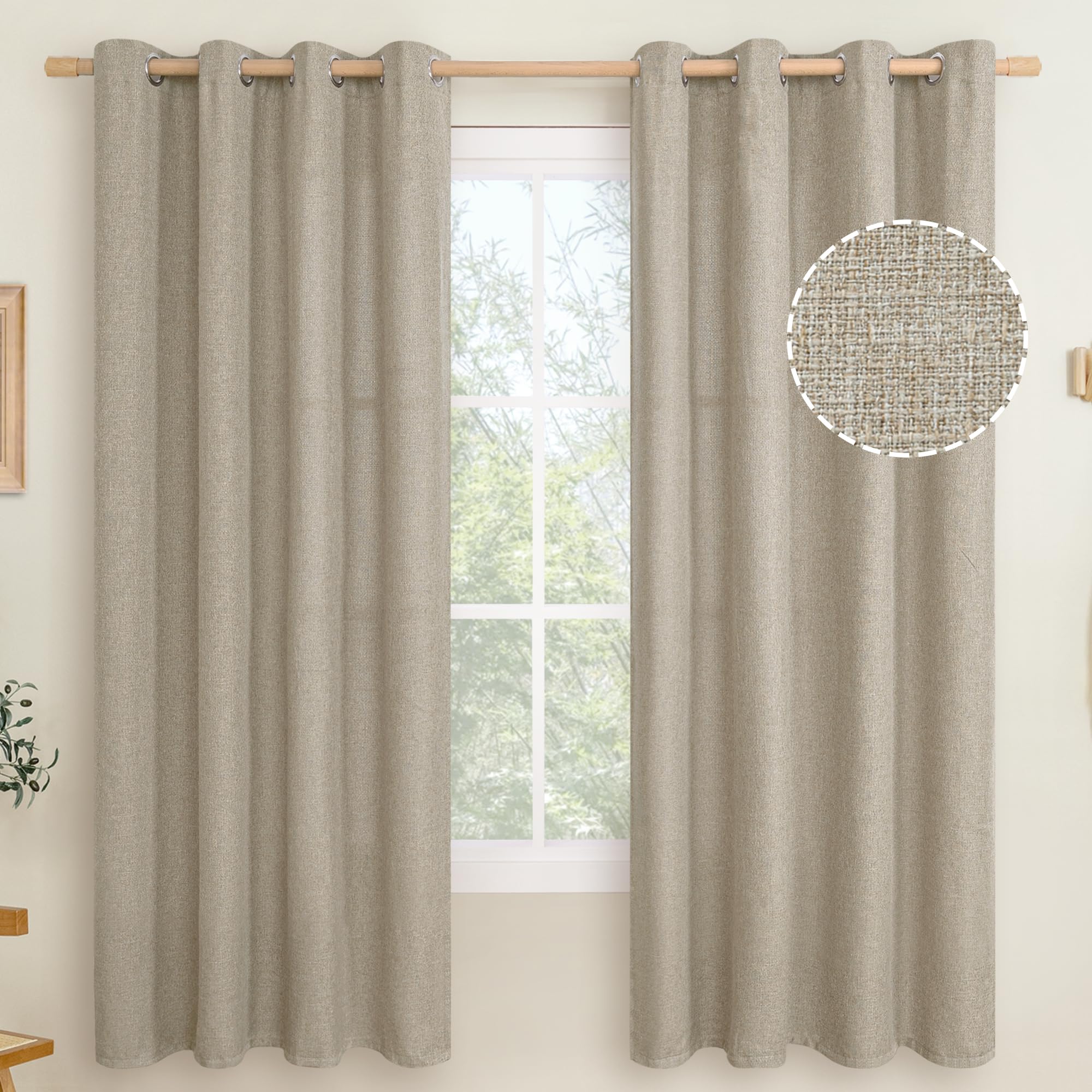 LAMIT Linen Curtains 84 inch Length 2 Panels, Grommet Thick Soft Light Filtering Curtains Privacy Living Room Window Drapes for Bedroom/Farmhouse, W52 x L84, Natural Beige
