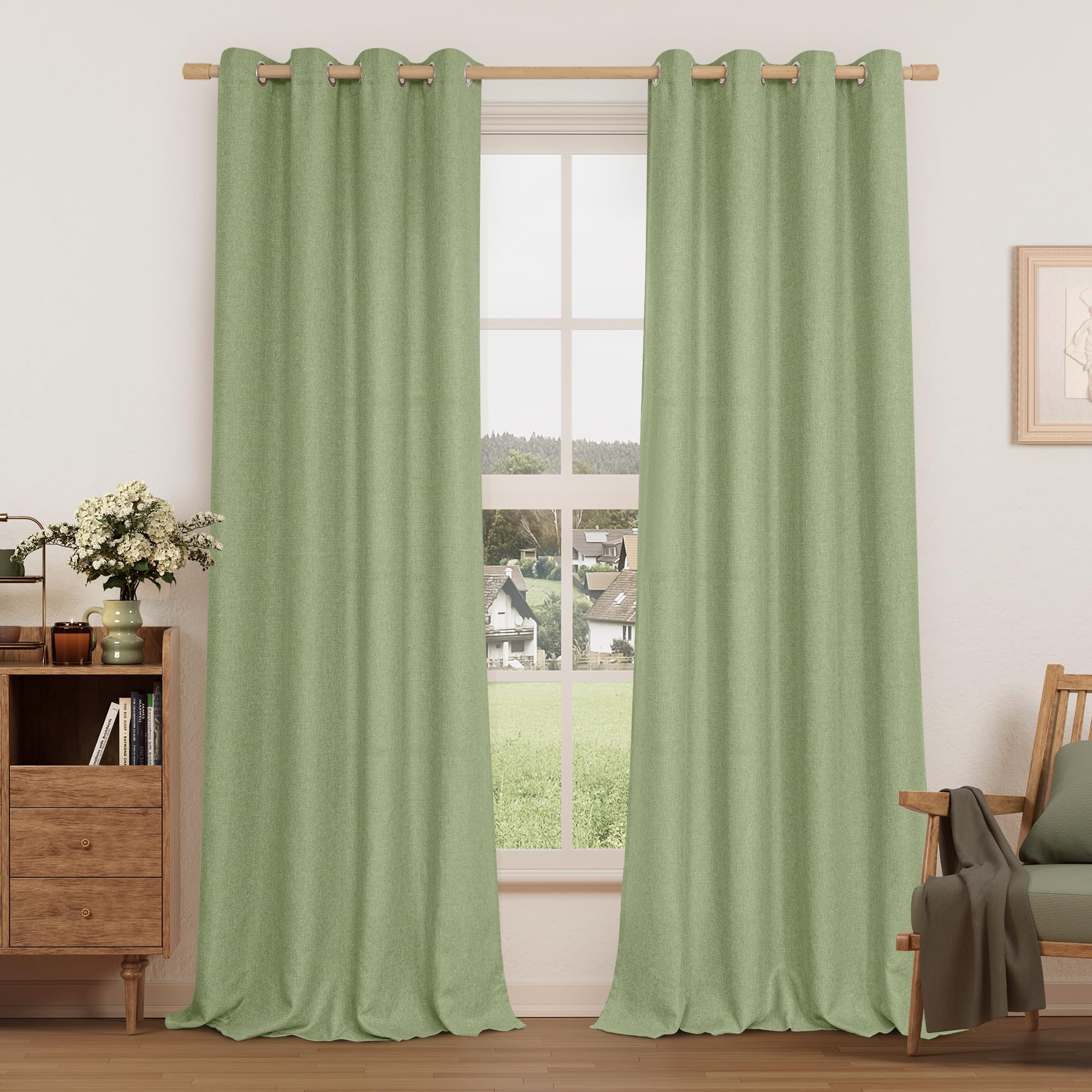 LAMIT Linen Curtains 84 inch Length 2 Panels, Grommet Thick Soft Light Filtering Curtains Privacy Living Room Window Drapes for Bedroom/Farmhouse, W52 x L84, Natural Beige