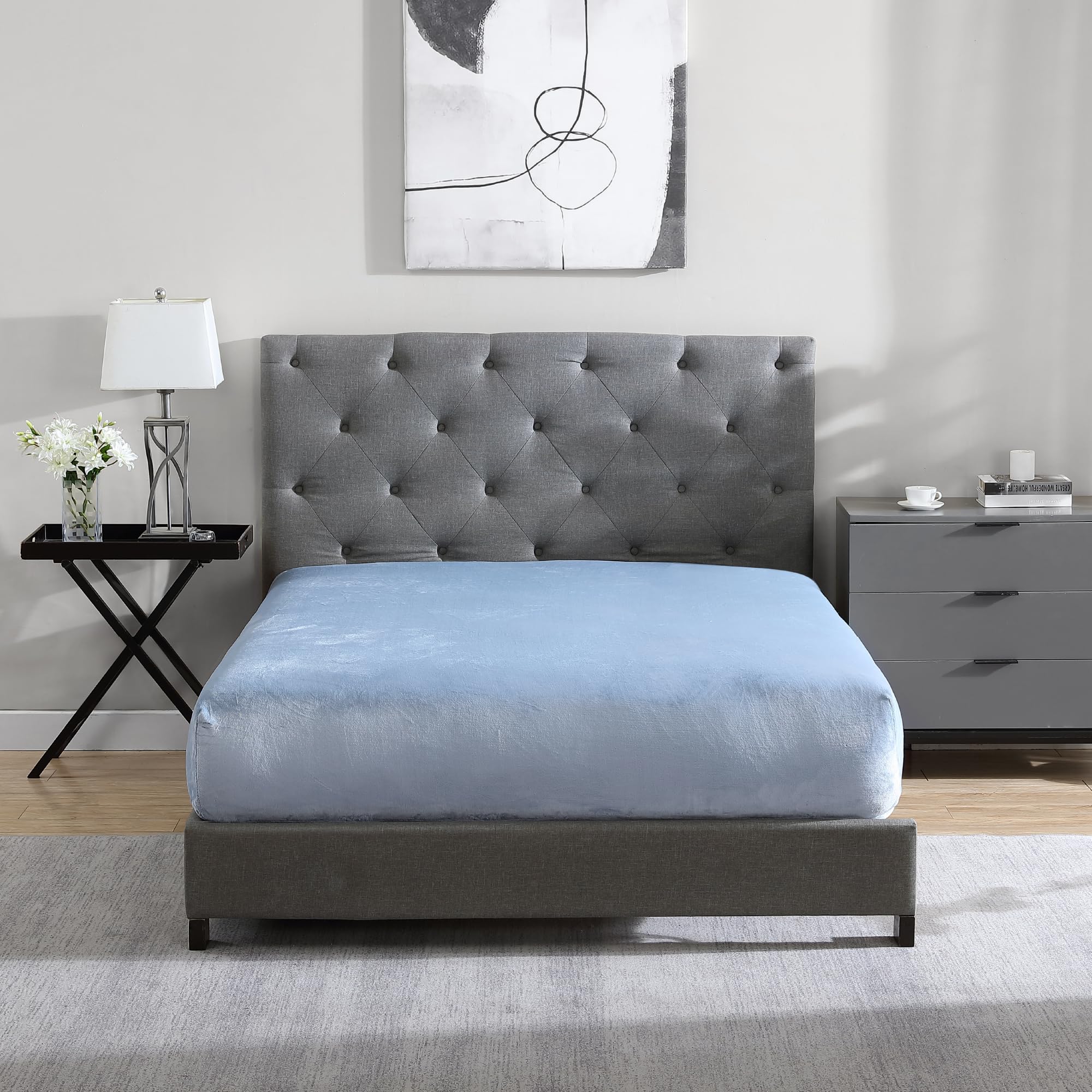 Cathay Home Queen Plush Fur Fitted Sheet - Ultra Soft & Thick Plush Fur - All Season Cozy Warmth - 12" Deep Pocket Fitted Sheet Only (Queen, Grey)