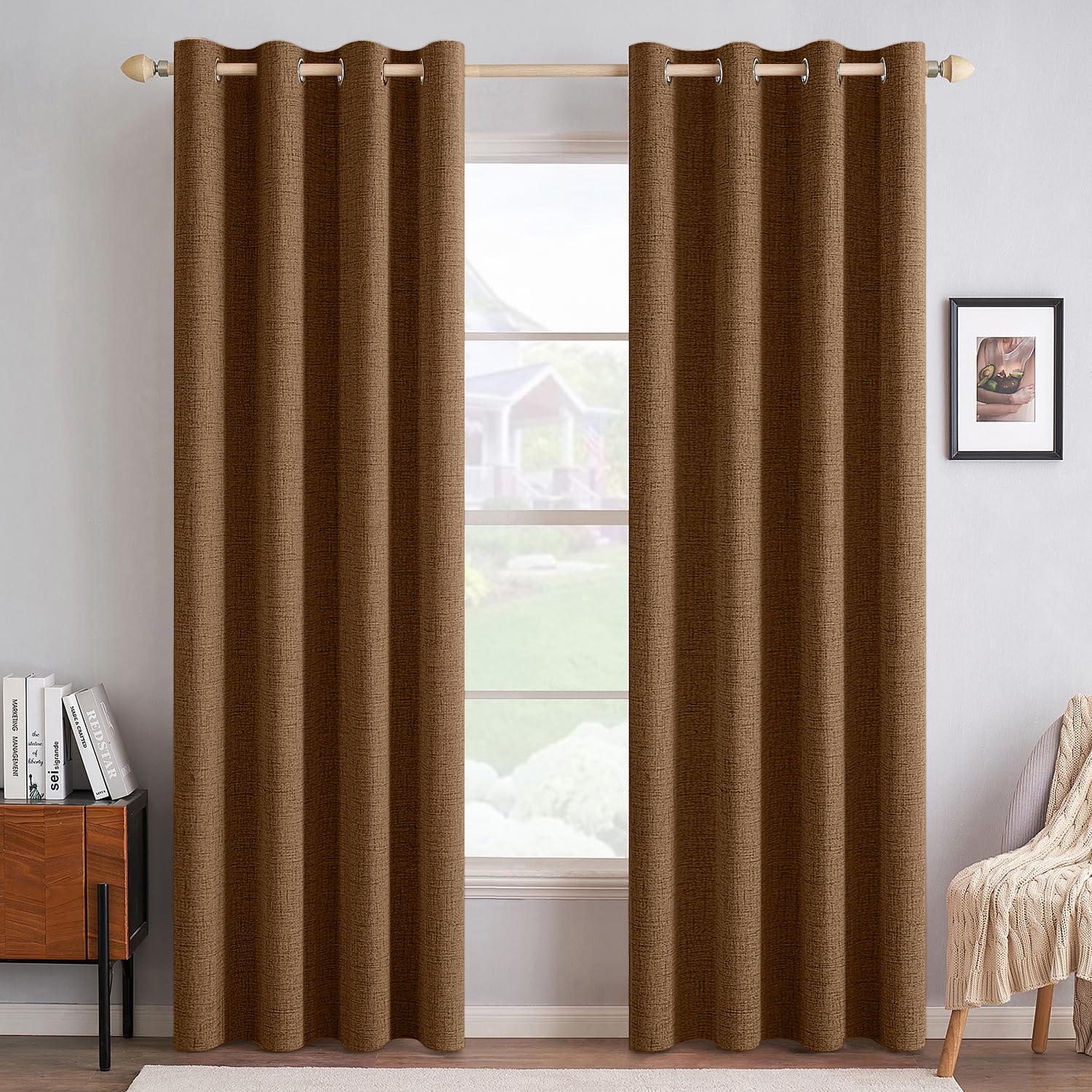 MIULEE 100% Blackout Linen Textured Curtains for Bedroom Solid Thermal Insulated Cream Grommet Room Darkening Curtains & Drapes Luxury Decor for Living Room Nursery 52 x 84 Inch (2 Panels)