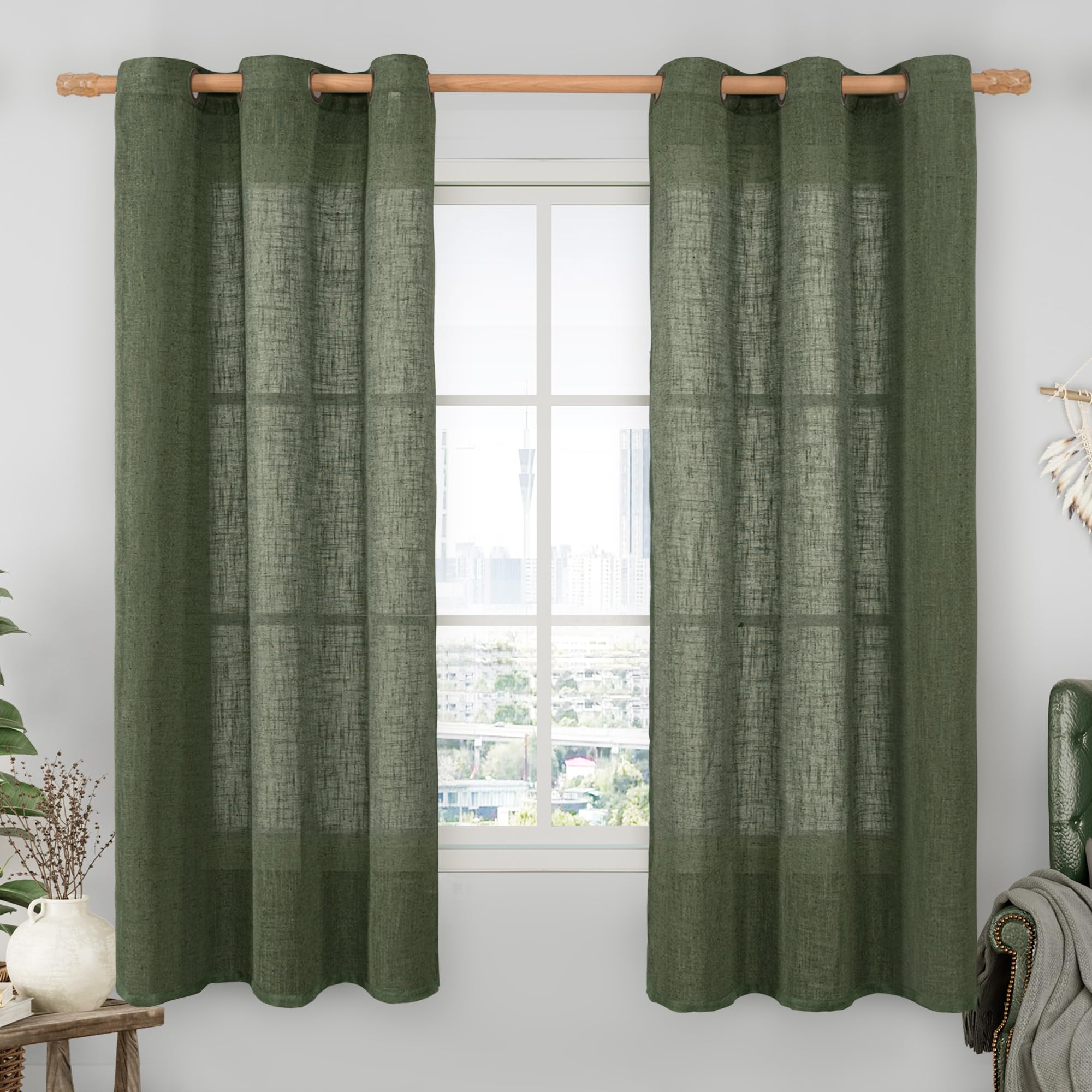 LAMIT Natural Ivory Linen Semi Sheer Curtains 84 inch Length, Cream Light Filtering Soft Thick Neutral Living Room Drapes with Bronze Grommet for Bedroom/Farmhouse, 2 Panels, 52 x 84 Inch