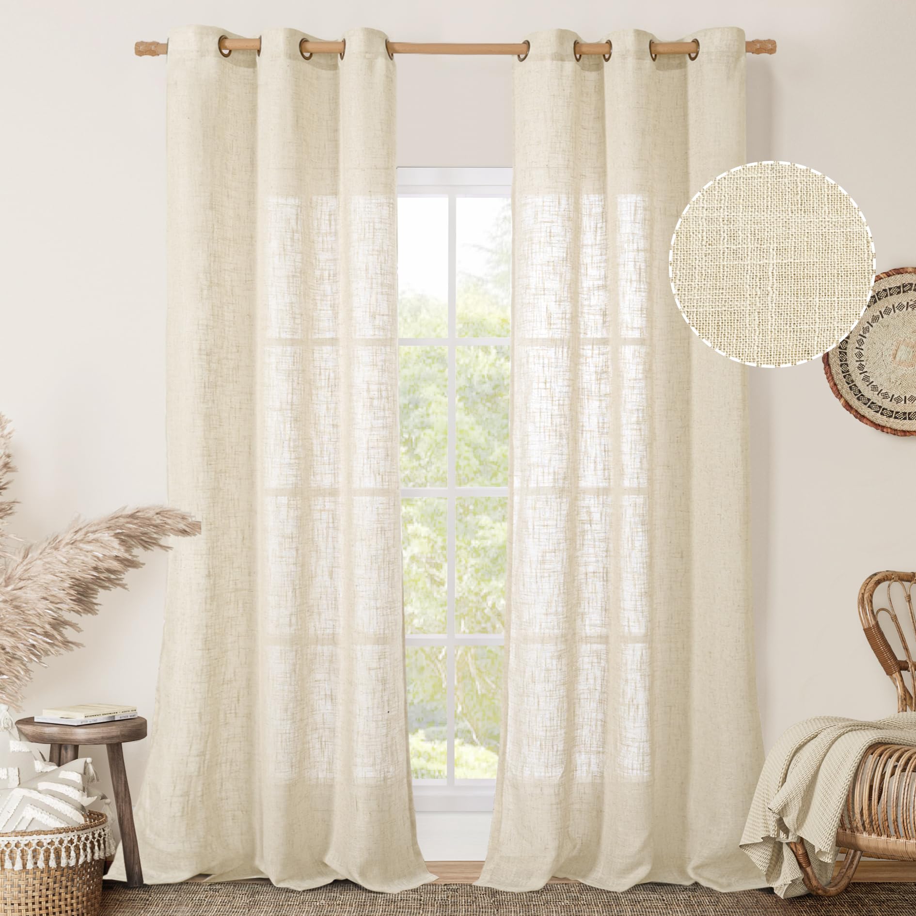 LAMIT Natural Ivory Linen Semi Sheer Curtains 84 inch Length, Cream Light Filtering Soft Thick Neutral Living Room Drapes with Bronze Grommet for Bedroom/Farmhouse, 2 Panels, 52 x 84 Inch