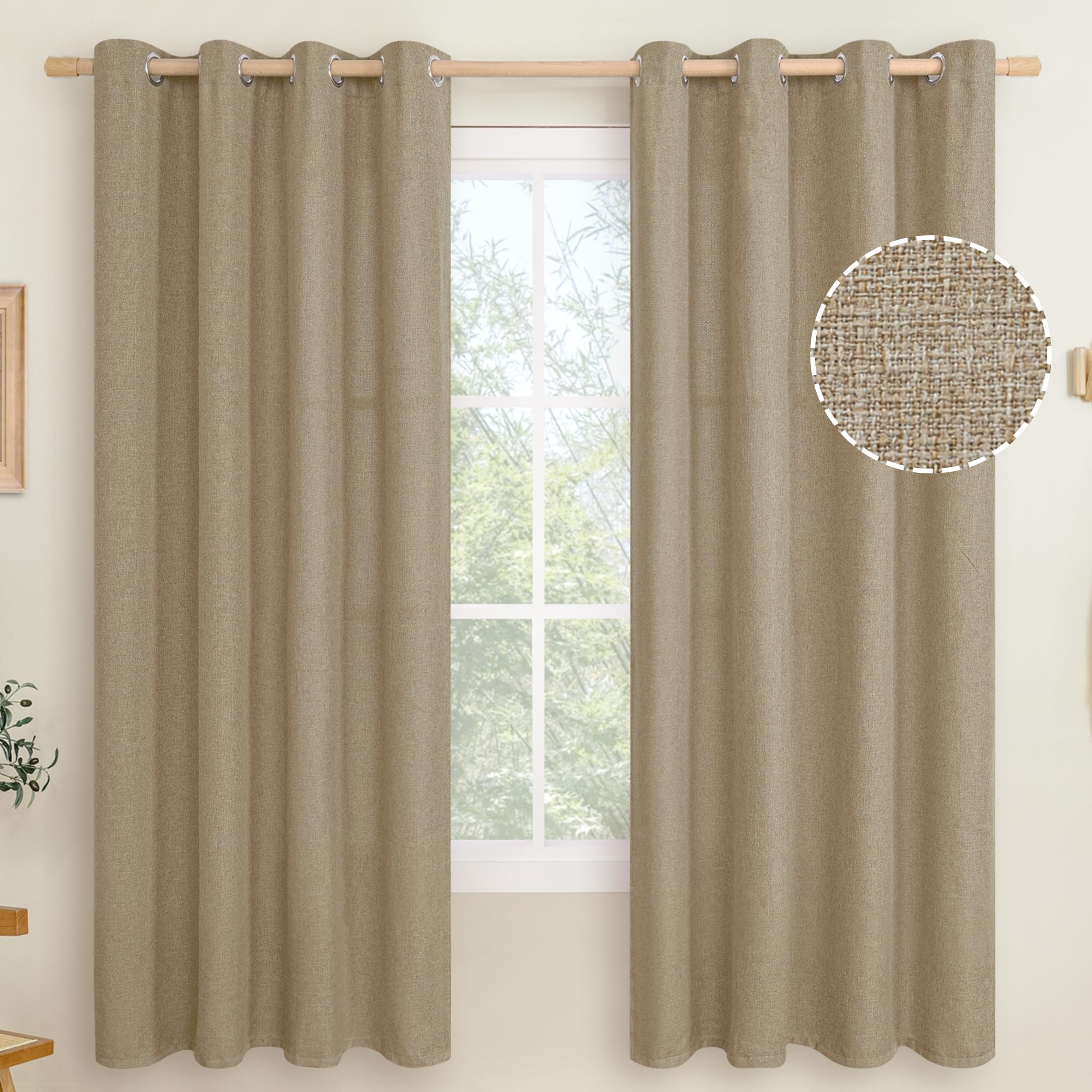 LAMIT Linen Curtains 84 inch Length 2 Panels, Grommet Thick Soft Light Filtering Curtains Privacy Living Room Window Drapes for Bedroom/Farmhouse, W52 x L84, Natural Beige