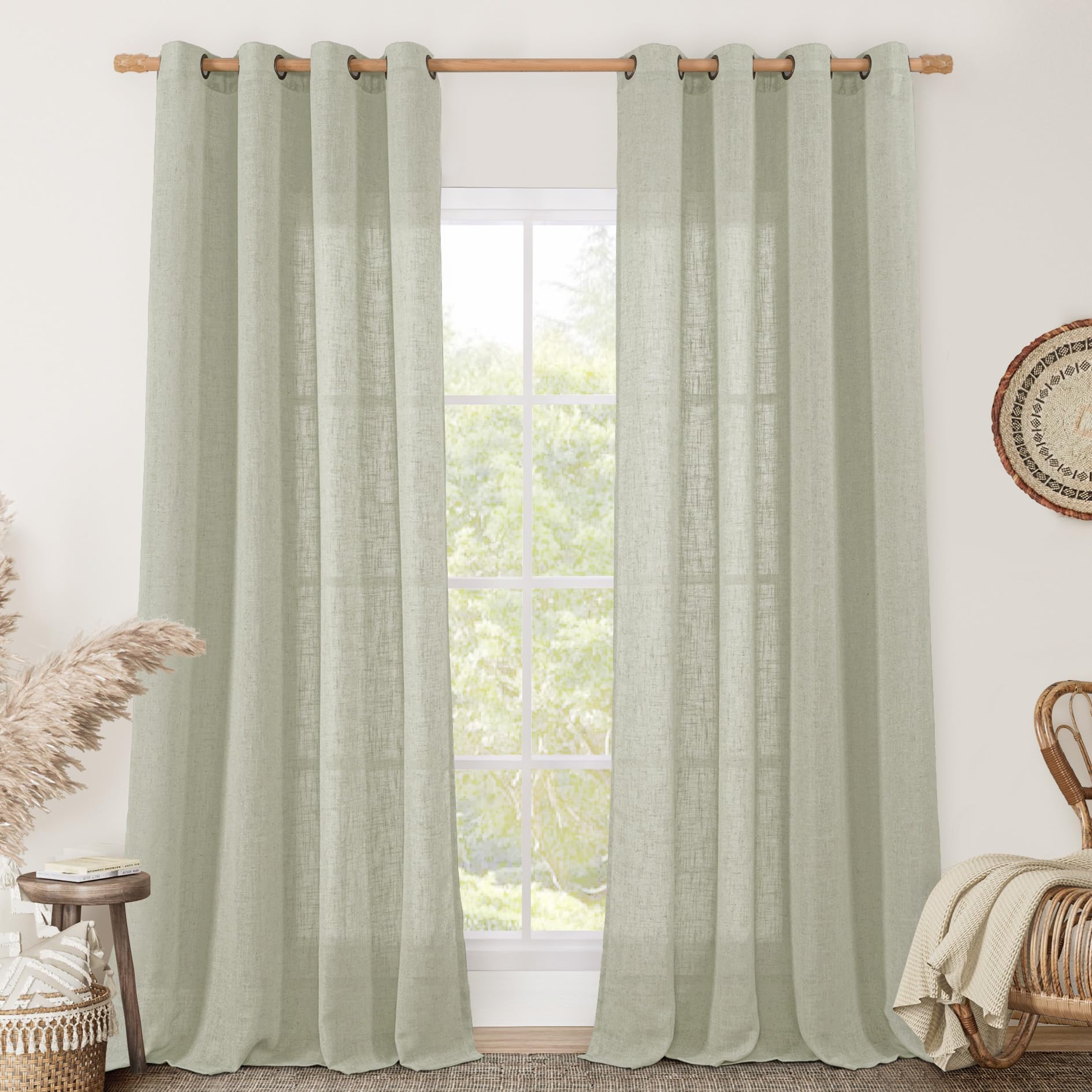 LAMIT Natural Ivory Linen Semi Sheer Curtains 84 inch Length, Cream Light Filtering Soft Thick Neutral Living Room Drapes with Bronze Grommet for Bedroom/Farmhouse, 2 Panels, 52 x 84 Inch