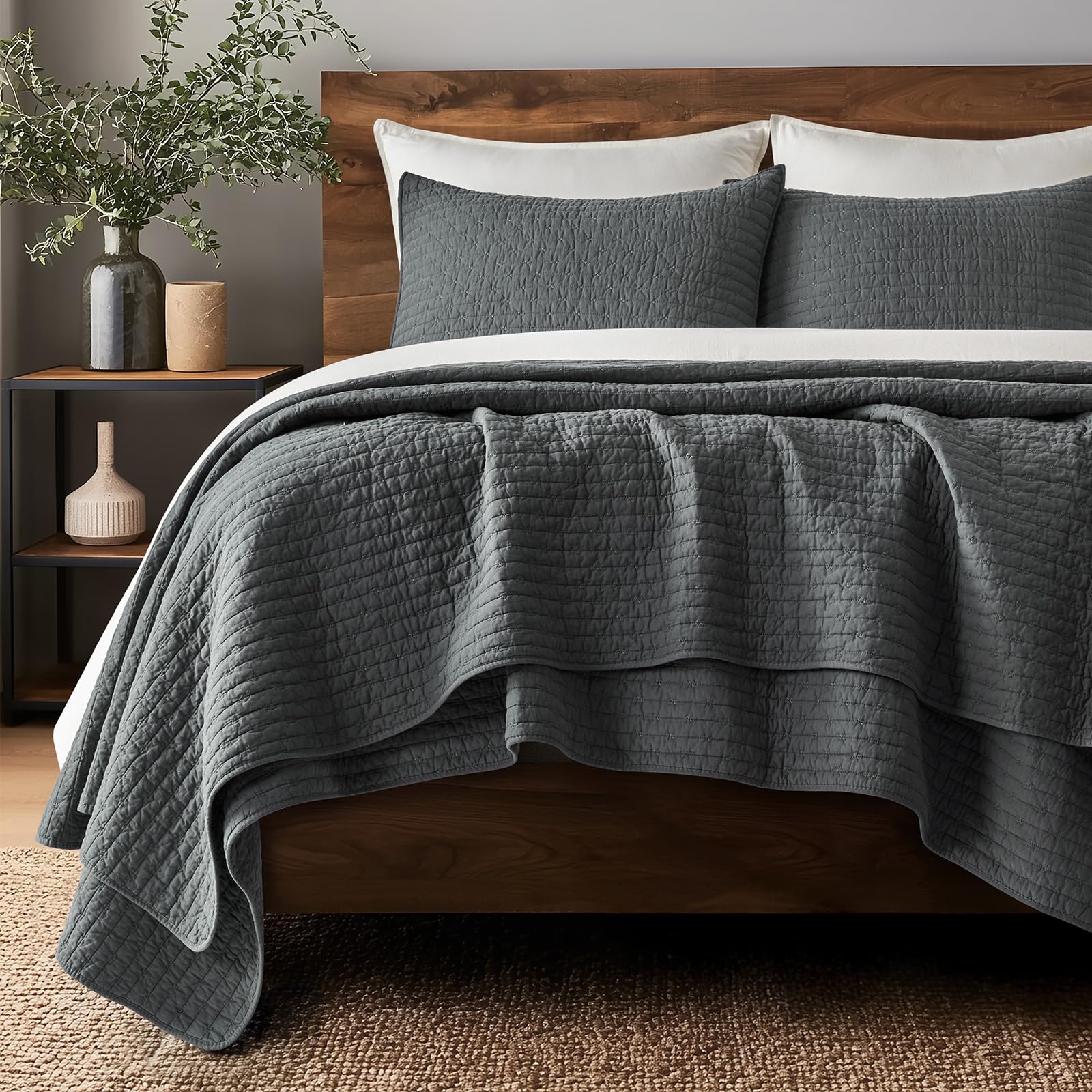 EVERGRACE Cotton Border Frame Tack-Stitch Quilt Bedding Set King Size, Coastal Oversized 3 Pieces Lightweight Bedspread Coverlet for All Season, with 2 Matching Shams, Blue Linen | Pick-Stitch Channel, Border Frame, Pre Washed, Oeko-Tex Certified, 100% Co