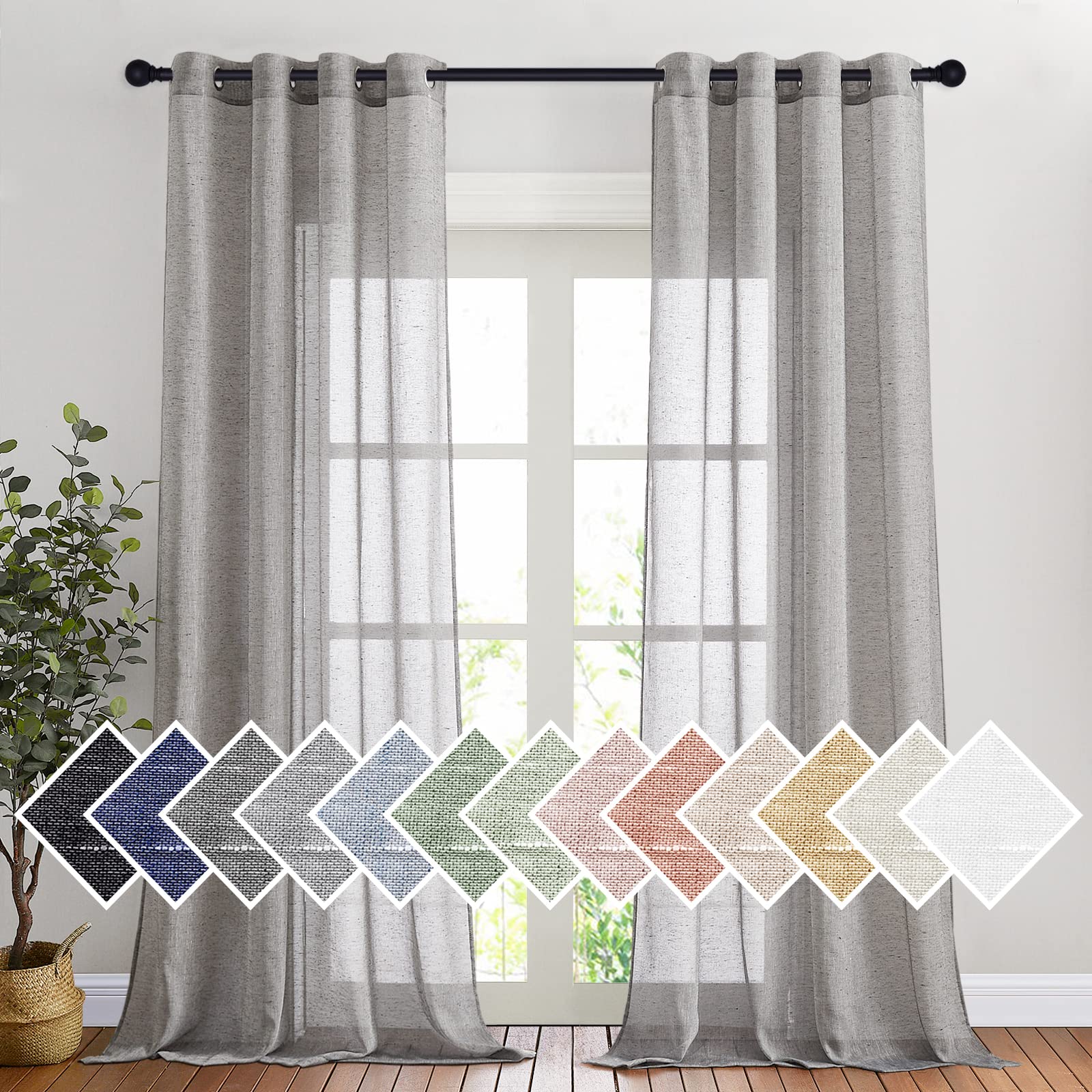 NICETOWN Semi Sheer Linen Curtains for Bedroom 84 inches Long, Grommet Privacy Vertical Farmhouse Window with Light Filtering for Living Room, Natural, W52 x L84, 2 Pieces