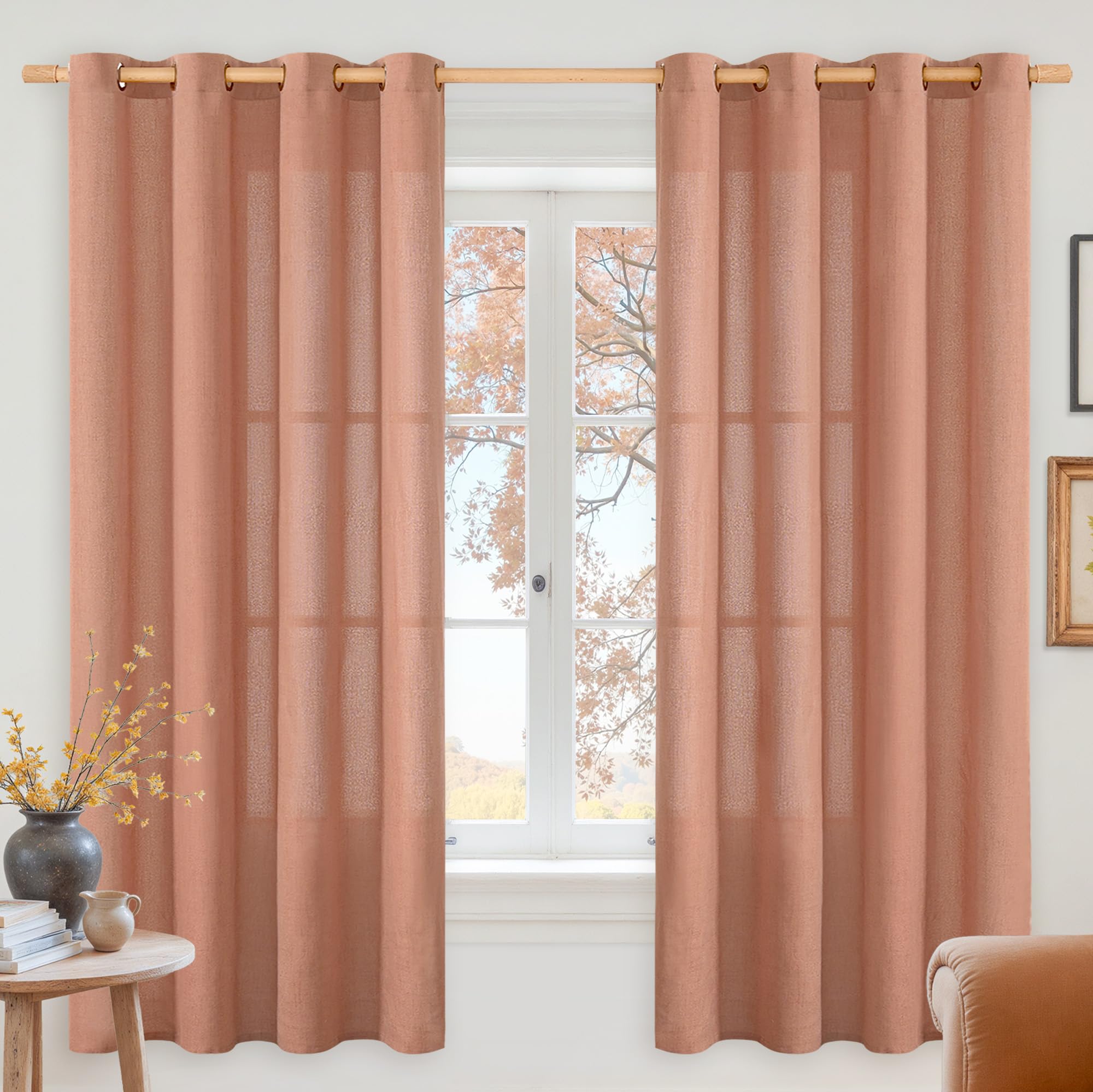 YoungsTex Linen Semi Sheer Curtains 63 Inch Length 2 Panels for Living Room - Light Filtering Drapes with Bronze Grommet Beige Window Treatments for Country Office Bedroom, 52 X 63 Inch