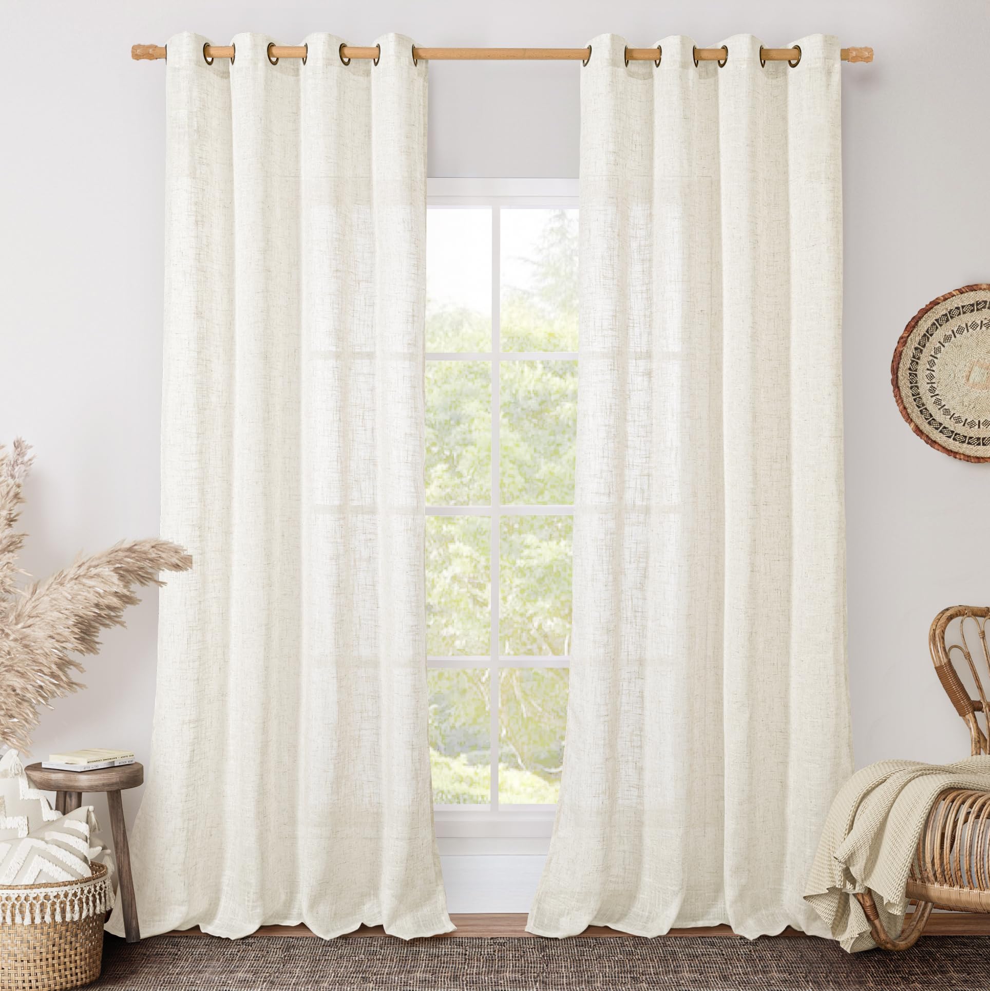 LAMIT Natural Ivory Linen Semi Sheer Curtains 84 inch Length, Cream Light Filtering Soft Thick Neutral Living Room Drapes with Bronze Grommet for Bedroom/Farmhouse, 2 Panels, 52 x 84 Inch