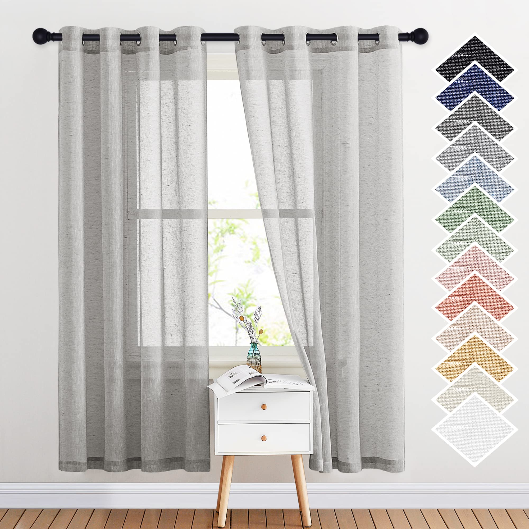 NICETOWN Semi Sheer Linen Curtains for Bedroom 84 inches Long, Grommet Privacy Vertical Farmhouse Window with Light Filtering for Living Room, Natural, W52 x L84, 2 Pieces