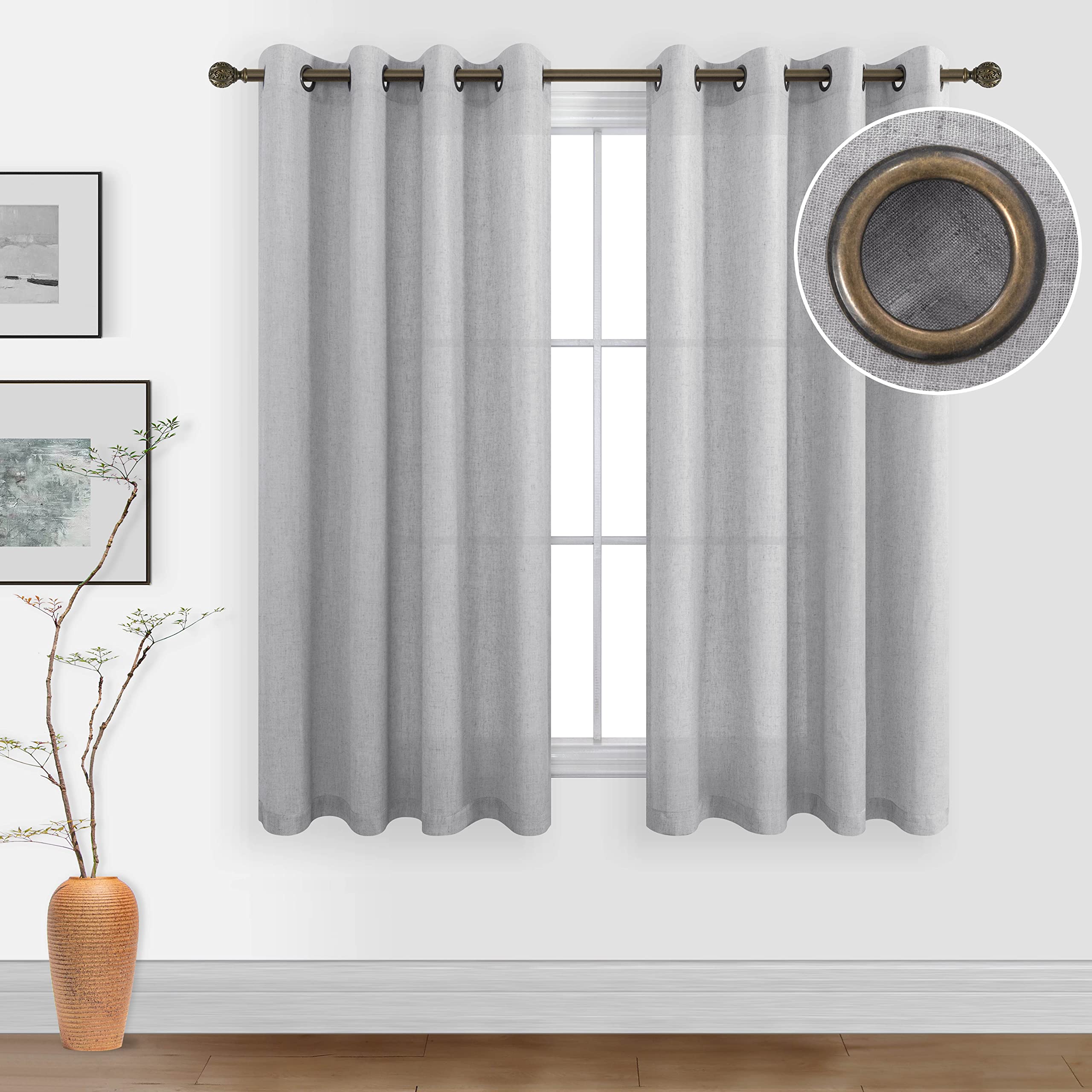 KOUFALL Linen Curtains for Living Room, Bronze Grommet, Semi Sheer Light Filtering Curtains, Neutral Cream Farmhouse Curtain Drapes 84 Inches Long 2 Panels Set