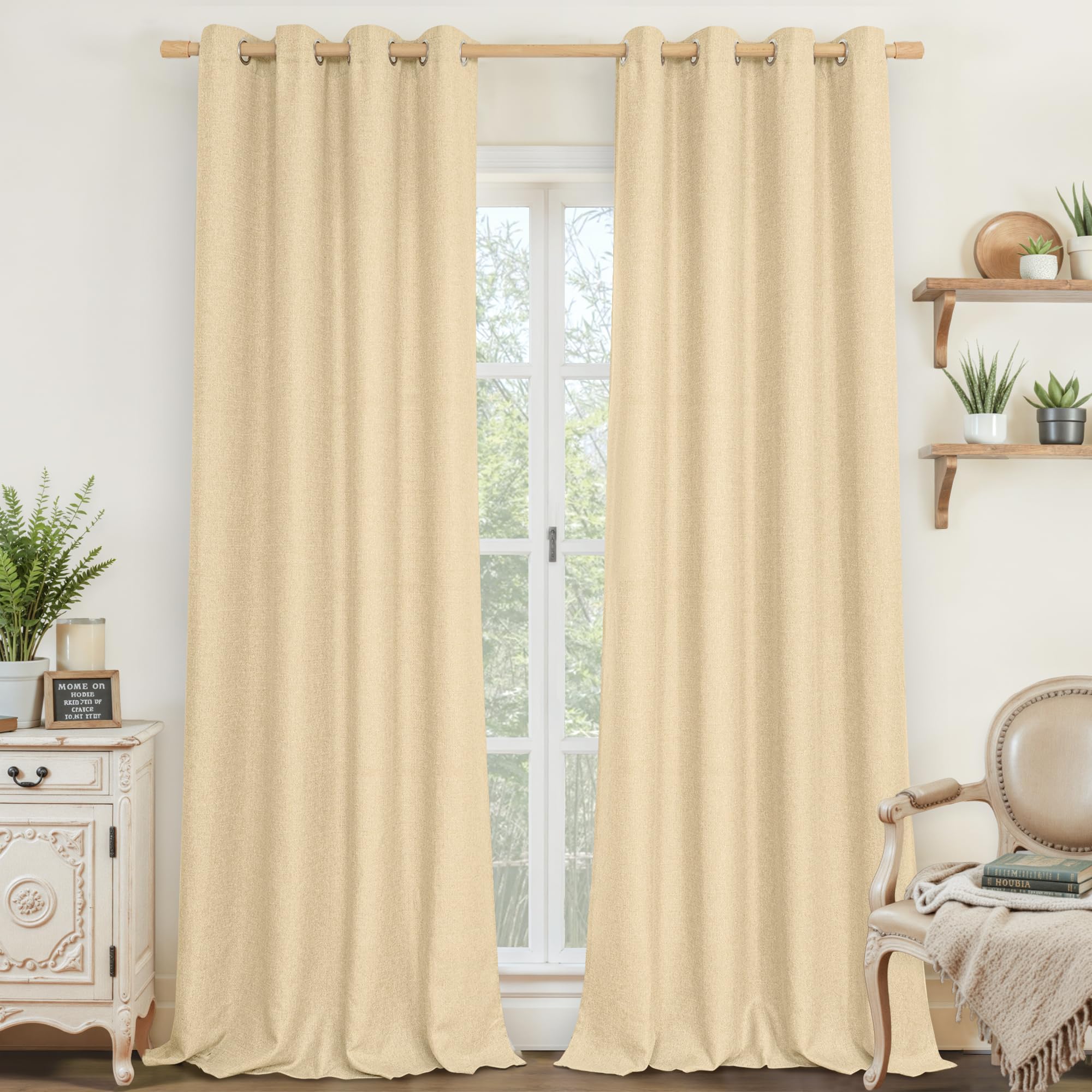 LAMIT Linen Curtains 84 inch Length 2 Panels, Grommet Thick Soft Light Filtering Curtains Privacy Living Room Window Drapes for Bedroom/Farmhouse, W52 x L84, Natural Beige