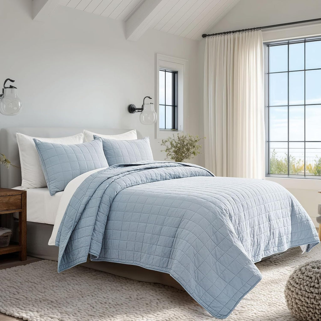 EVERGRACEHOME 100% Cotton Box Stitch Quilt Bedding Set Queen Size 3 Pieces, Garment-Washed Lightweight Soft Cozy Coverlet, Quilted Bedspread Sets with 2 Shams for All Season, Blue Linen | Box Stitch Design, 100% Cotton, Soft, Oversized, Pre Washed, Oeko-T