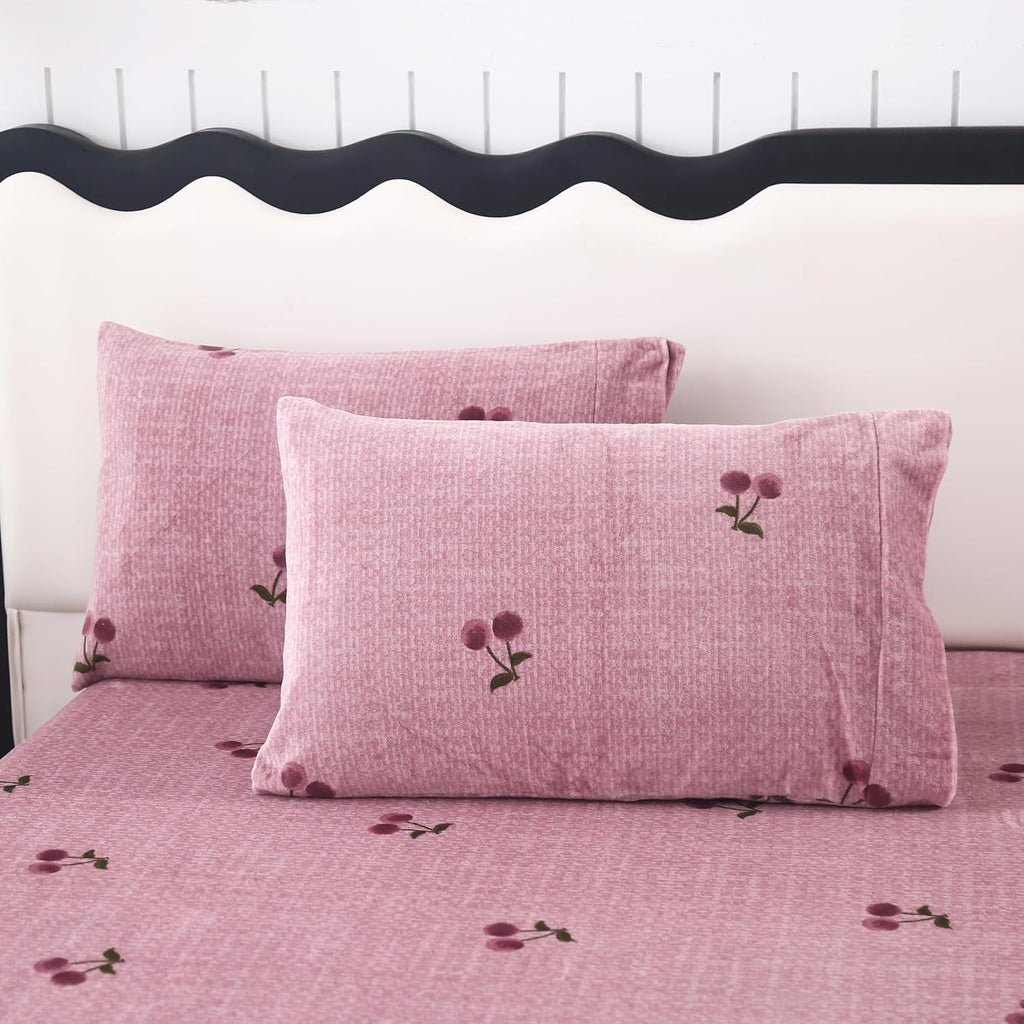 MAG 3Pcs Fleece Fitted Sheet Twin Size with Pink Cherry Pattern, Super Cute Fluffy Warm Bottom Sheets for Kids,Girls,included1*Fitted Sheet and 2*Pillowcases.