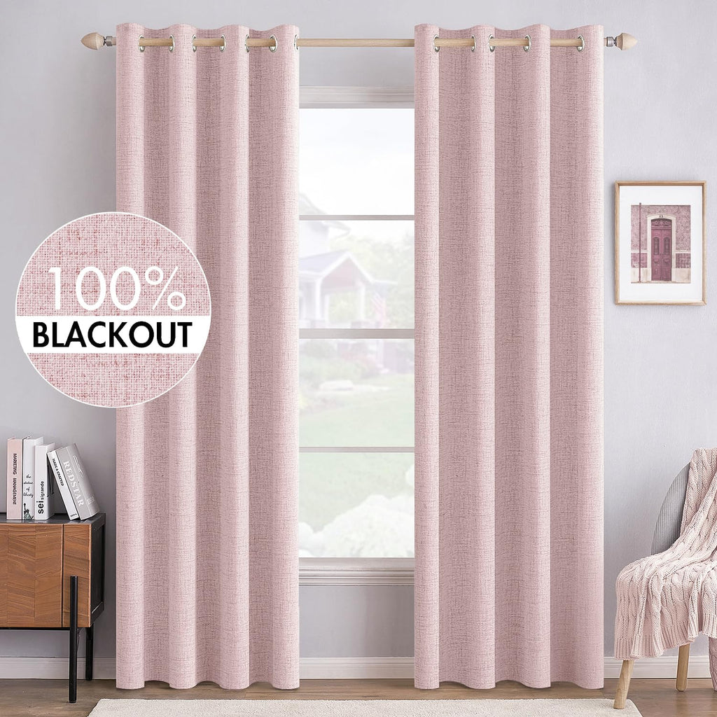 MIULEE 100% Blackout Linen Textured Curtains for Bedroom Solid Thermal Insulated Cream Grommet Room Darkening Curtains & Drapes Luxury Decor for Living Room Nursery 52 x 84 Inch (2 Panels)