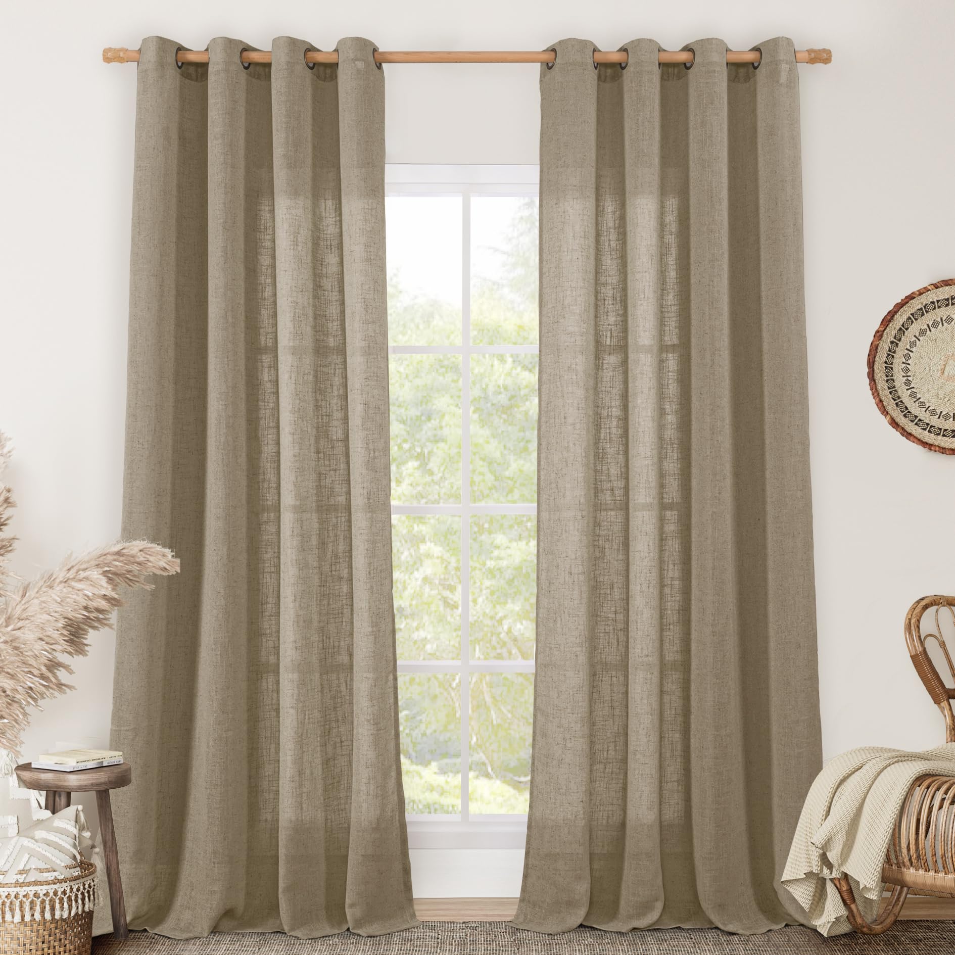 LAMIT Natural Ivory Linen Semi Sheer Curtains 84 inch Length, Cream Light Filtering Soft Thick Neutral Living Room Drapes with Bronze Grommet for Bedroom/Farmhouse, 2 Panels, 52 x 84 Inch
