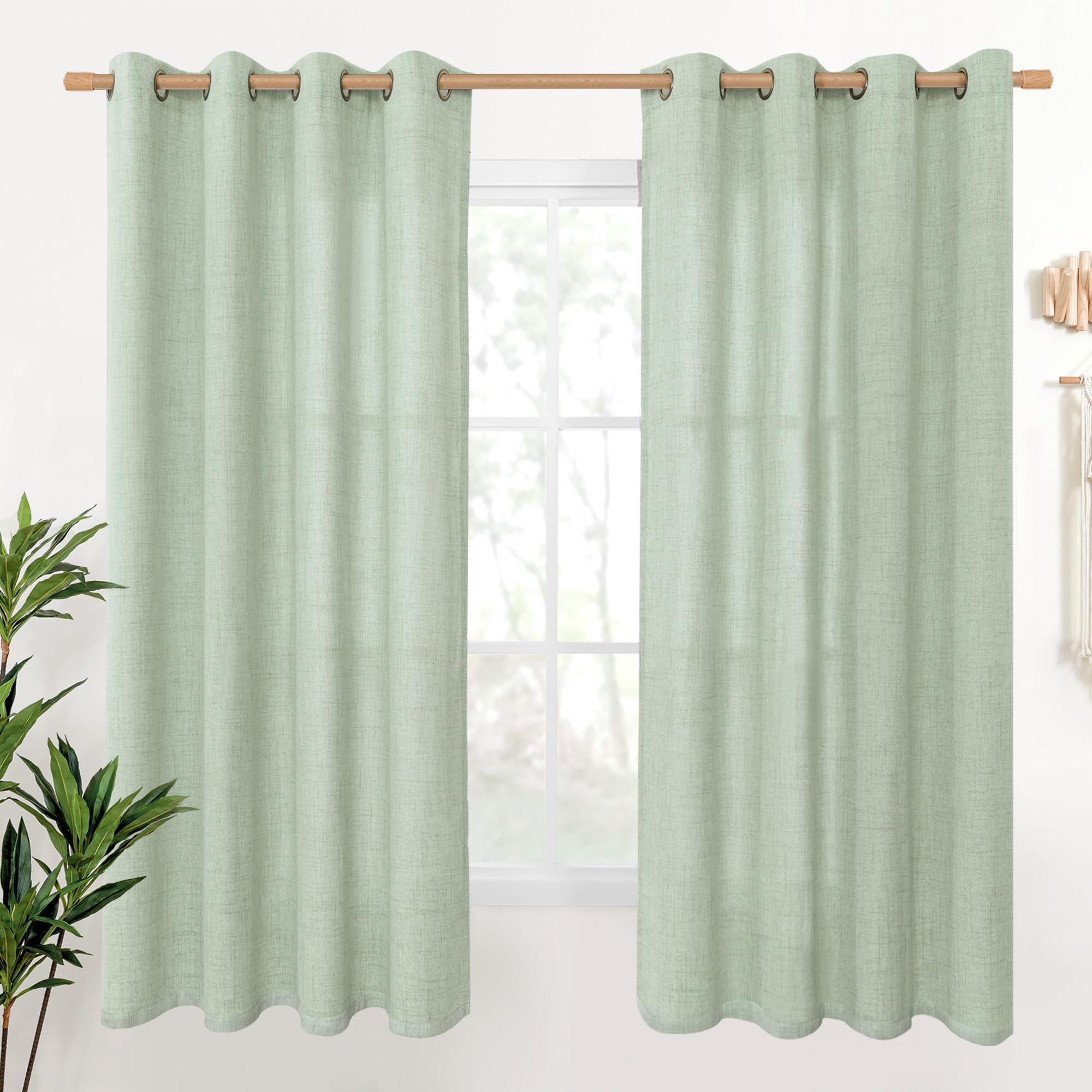 YoungsTex Linen Semi Sheer Curtains 63 Inch Length 2 Panels for Living Room - Light Filtering Drapes with Bronze Grommet Beige Window Treatments for Country Office Bedroom, 52 X 63 Inch