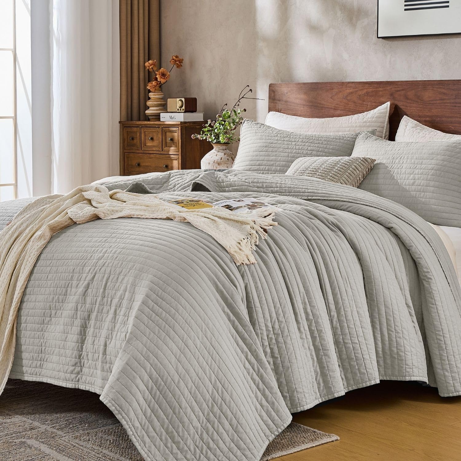 DOWN HOME Queen Quilt Bedding Set with Shams, Vintage Washed Soft Quilted Blanket Thin Comforter Lightweight Bedspread Coverlet Bed Cover, Brushed Microfiber Stripe Stitching, Linen White, 86"x90"