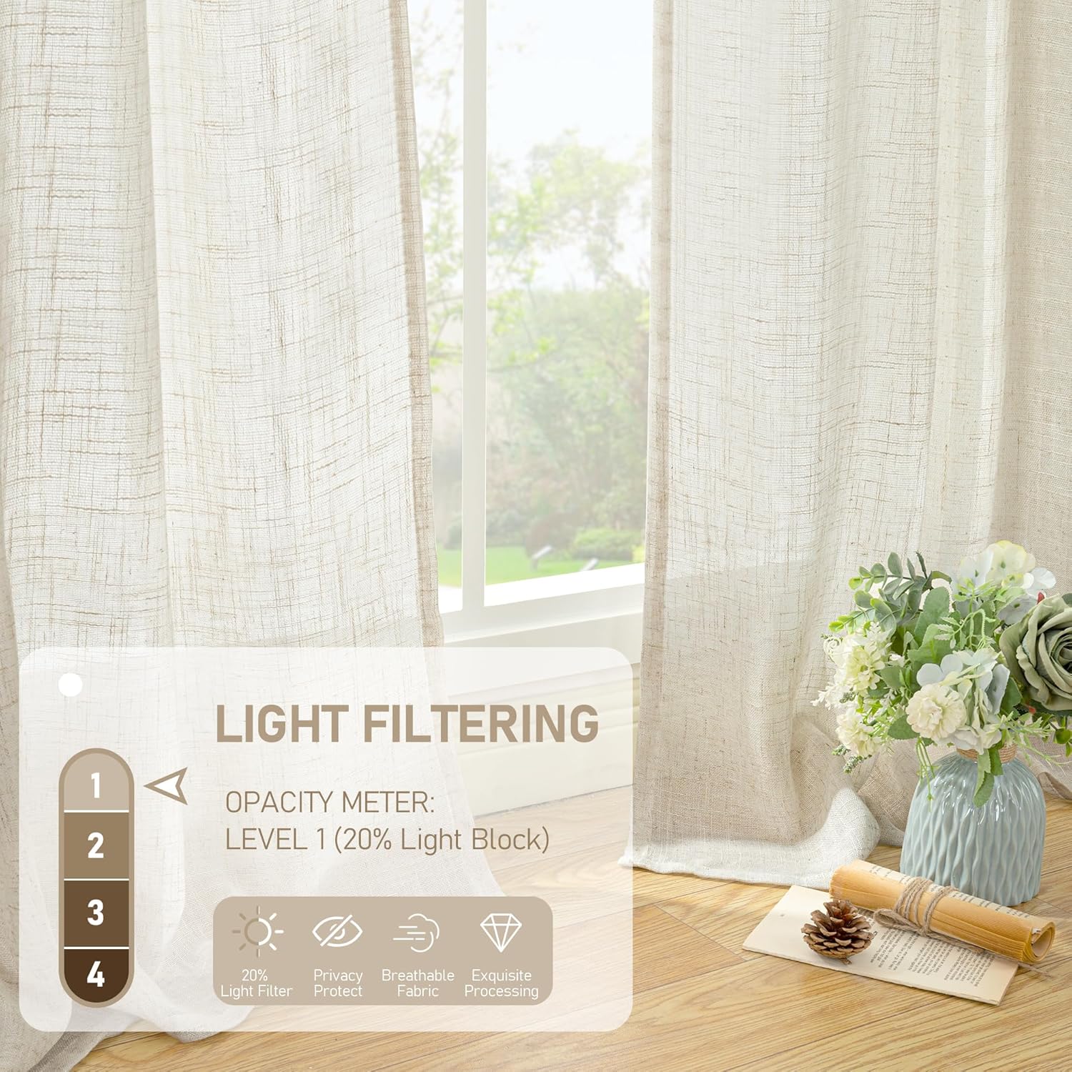 LAMIT Natural Ivory Linen Semi Sheer Curtains 84 inch Length, Cream Light Filtering Soft Thick Neutral Living Room Drapes with Bronze Grommet for Bedroom/Farmhouse, 2 Panels, 52 x 84 Inch