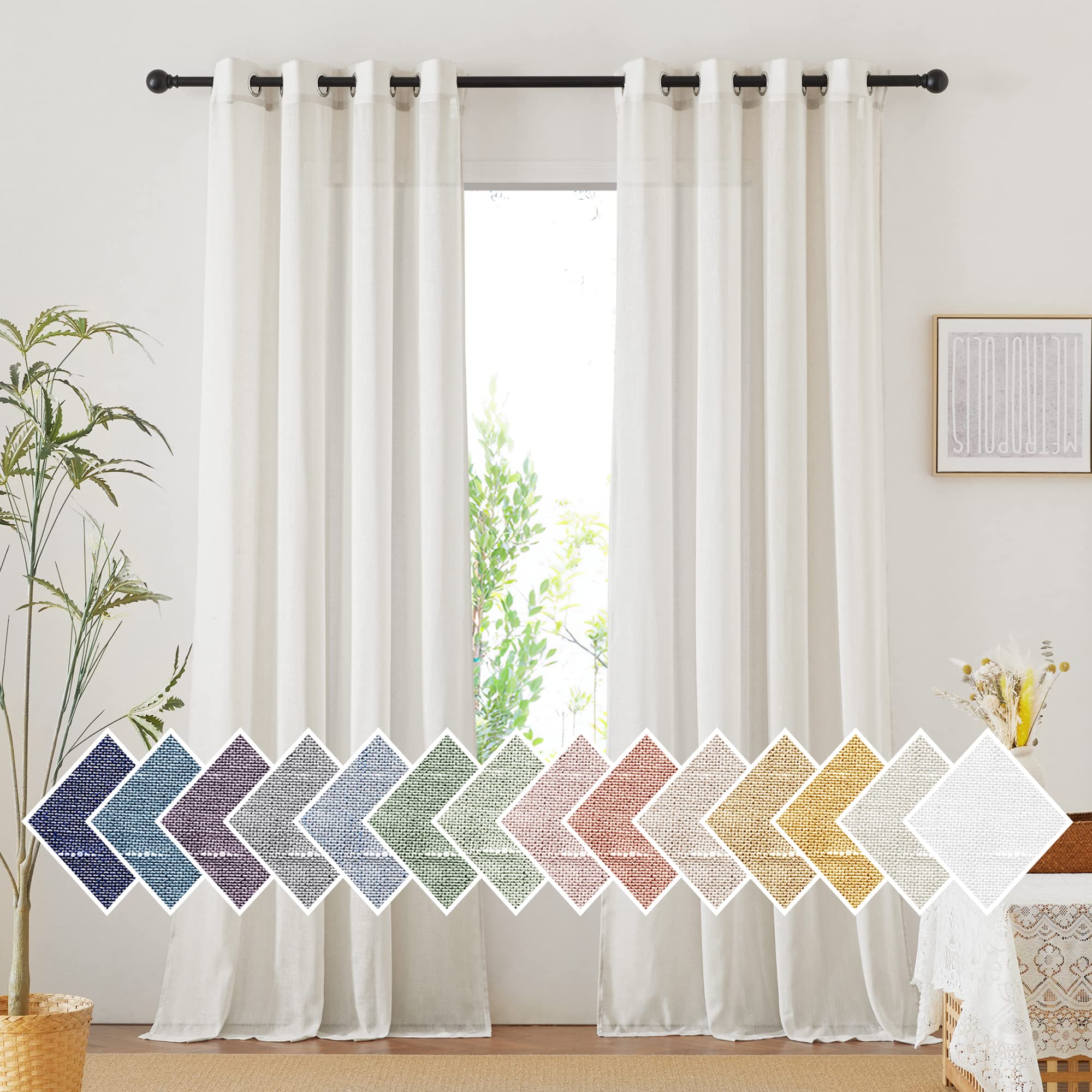 NICETOWN Semi Sheer Linen Curtains for Bedroom 84 inches Long, Grommet Privacy Vertical Farmhouse Window with Light Filtering for Living Room, Natural, W52 x L84, 2 Pieces