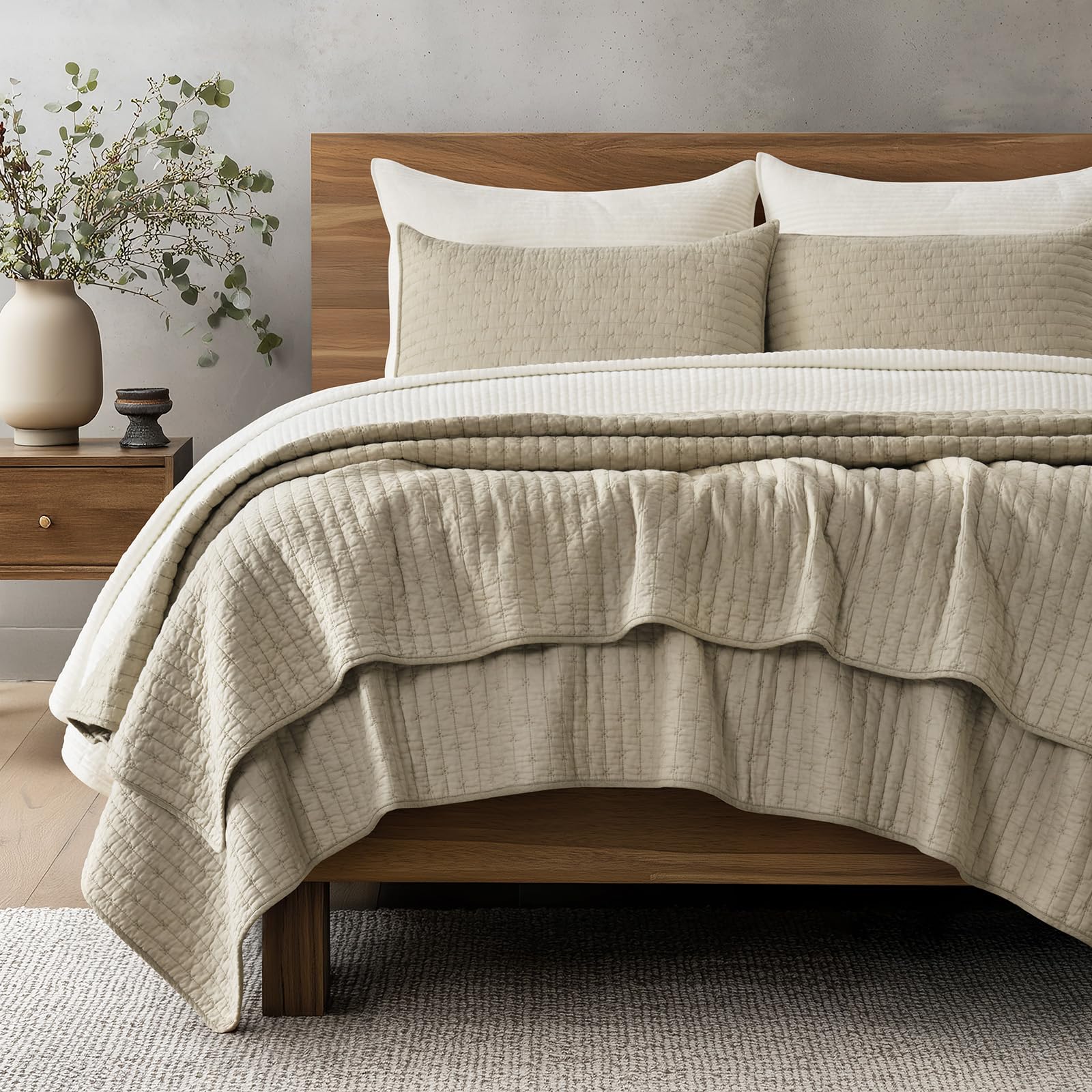 EVERGRACE Cotton Border Frame Tack-Stitch Quilt Bedding Set King Size, Coastal Oversized 3 Pieces Lightweight Bedspread Coverlet for All Season, with 2 Matching Shams, Blue Linen | Pick-Stitch Channel, Border Frame, Pre Washed, Oeko-Tex Certified, 100% Co