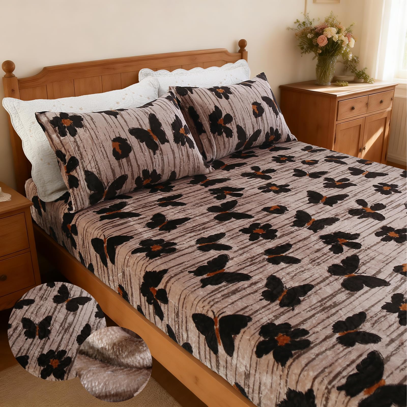 MAG 3Pcs Fleece Fitted Sheet Full Size with Brown Floral Pattern, Super Cute Fluffy Warm Flower Print Decor Bottom Sheets for Women Girls,included1*Fitted Sheet and 2*Pillowcases.