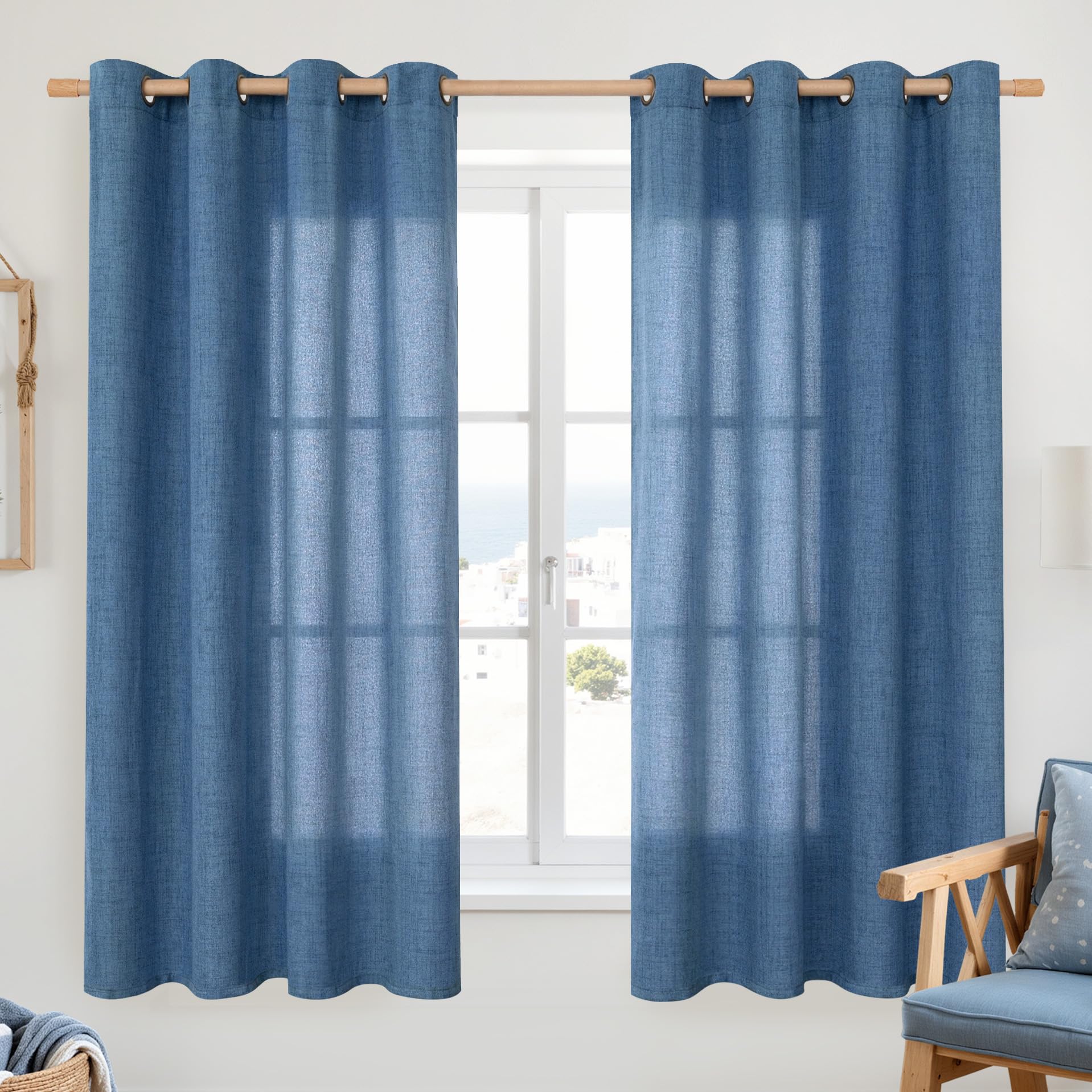 YoungsTex Linen Semi Sheer Curtains 63 Inch Length 2 Panels for Living Room - Light Filtering Drapes with Bronze Grommet Beige Window Treatments for Country Office Bedroom, 52 X 63 Inch