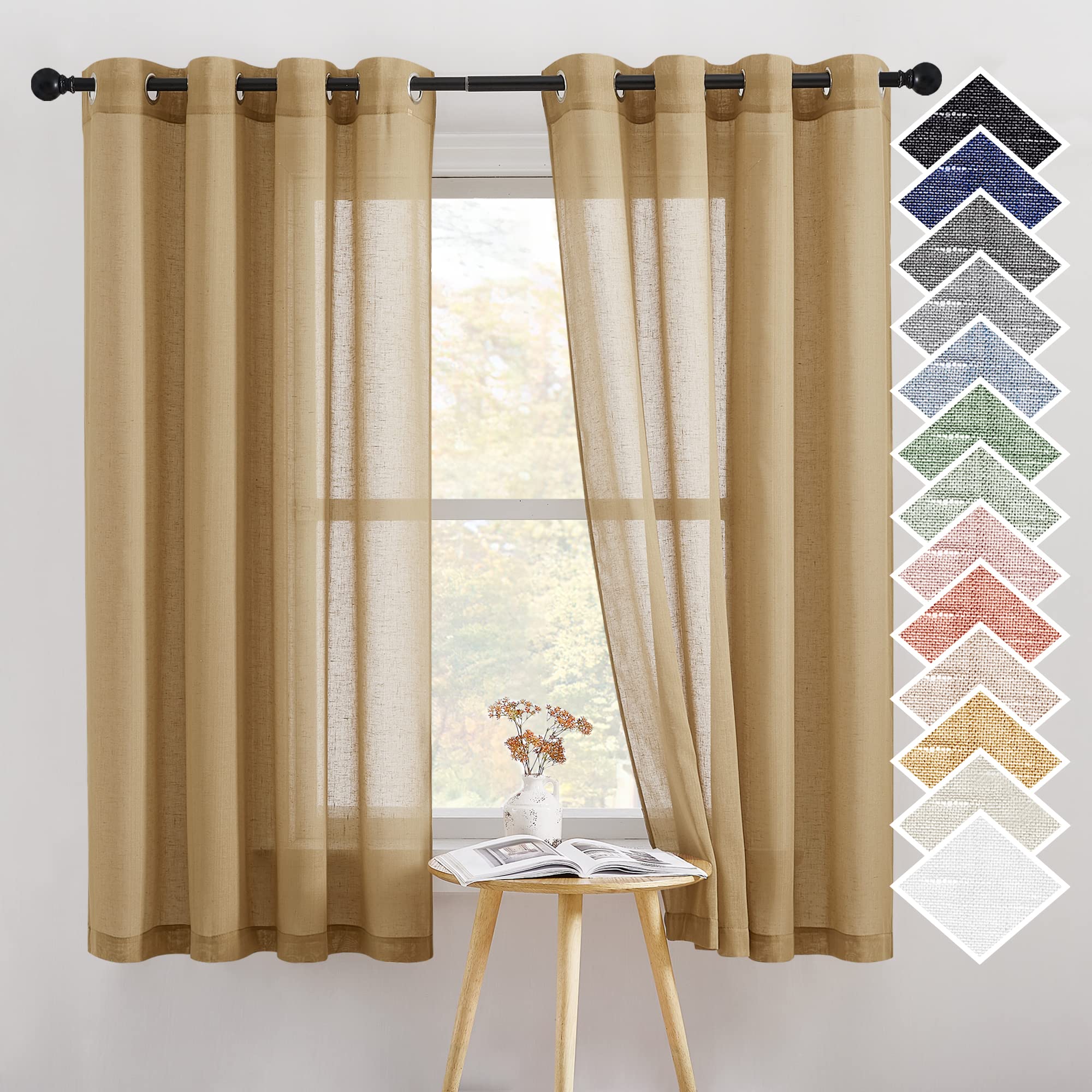 NICETOWN Semi Sheer Linen Curtains for Bedroom 84 inches Long, Grommet Privacy Vertical Farmhouse Window with Light Filtering for Living Room, Natural, W52 x L84, 2 Pieces
