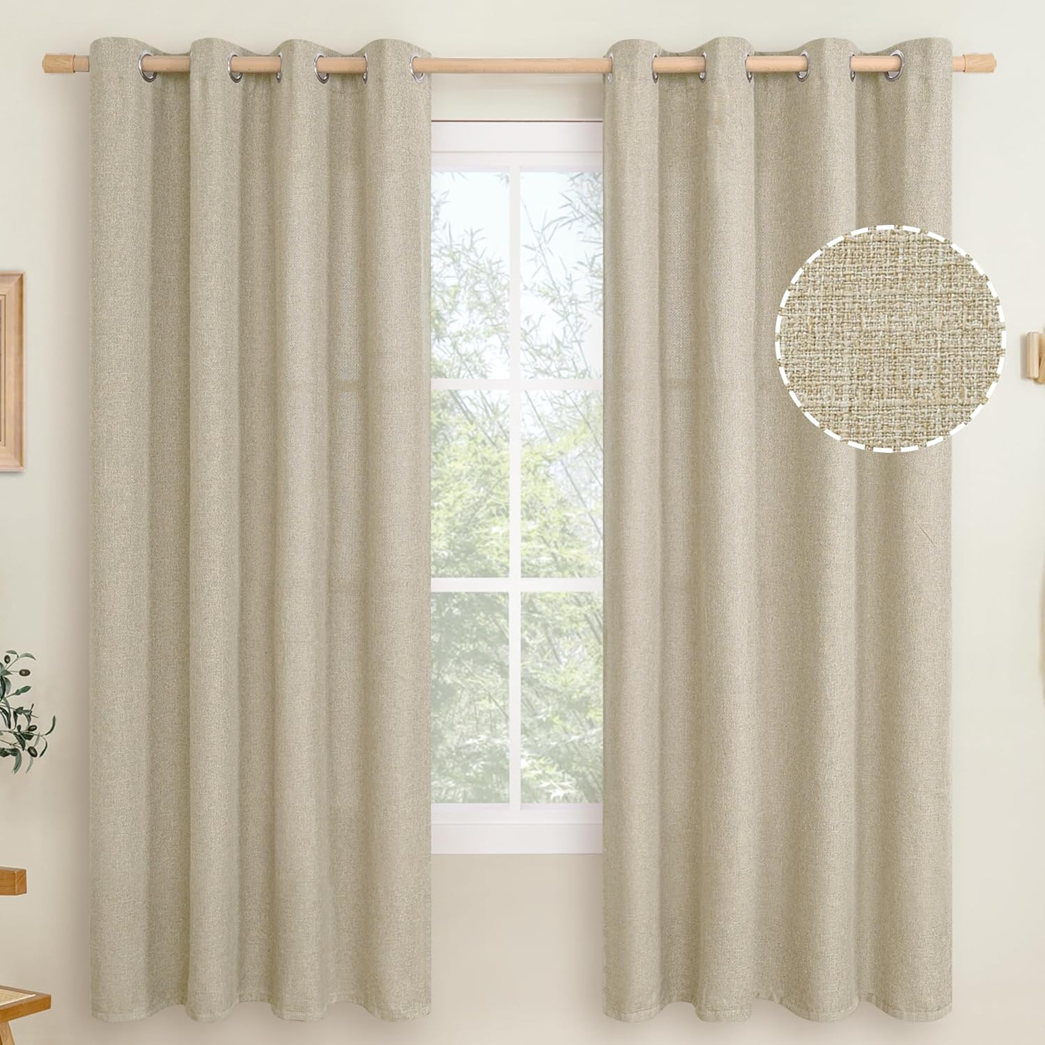 LAMIT Linen Curtains 84 inch Length 2 Panels, Grommet Thick Soft Light Filtering Curtains Privacy Living Room Window Drapes for Bedroom/Farmhouse, W52 x L84, Natural Beige