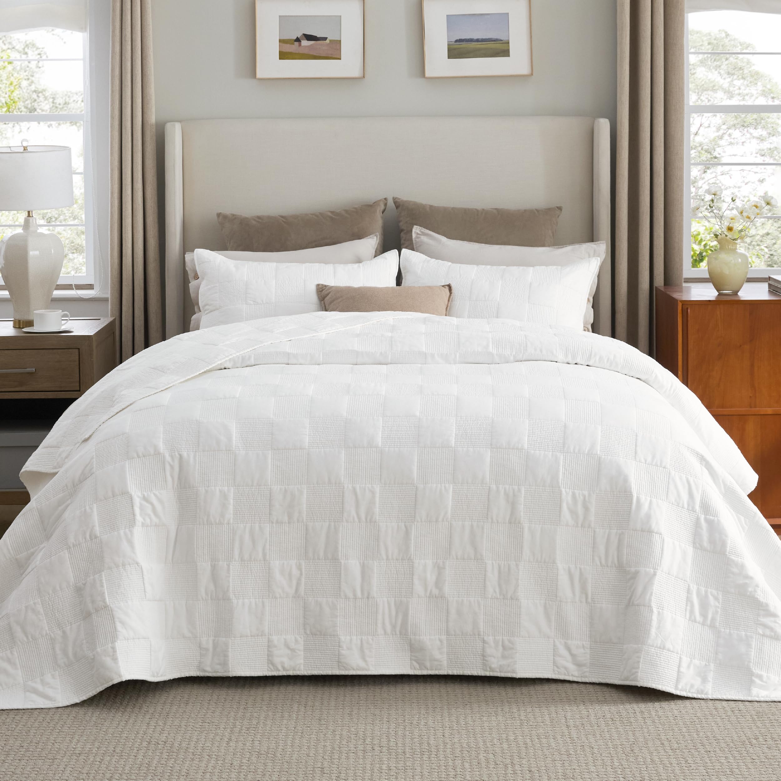 Bedsure 100% Cotton Quilt Set - Queen Size Bedspread, Lightweight Soft Bed Coverlet, PureWoven, 3-Piece Cozy Stitching Comforter with 2 Pillow Shams in Embroidery Clover Pattern, 90x96 in, Linen Beige