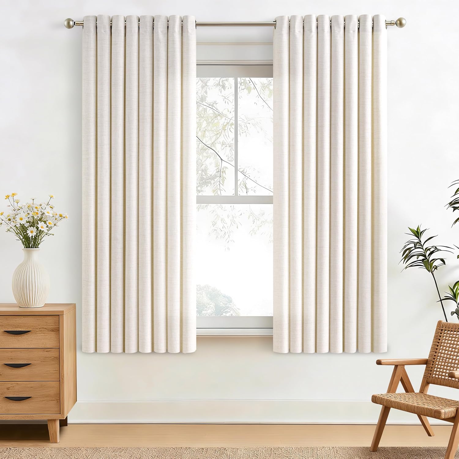 Natural Linen Curtains 96 Inches Long 2 Panels Bronze Grommet Curtain Burlap Ivory Cream Colored Light Filtering Semi Sheer Drapes Thick Linen Blend Floor to Ceiling Length Living Room 8ft