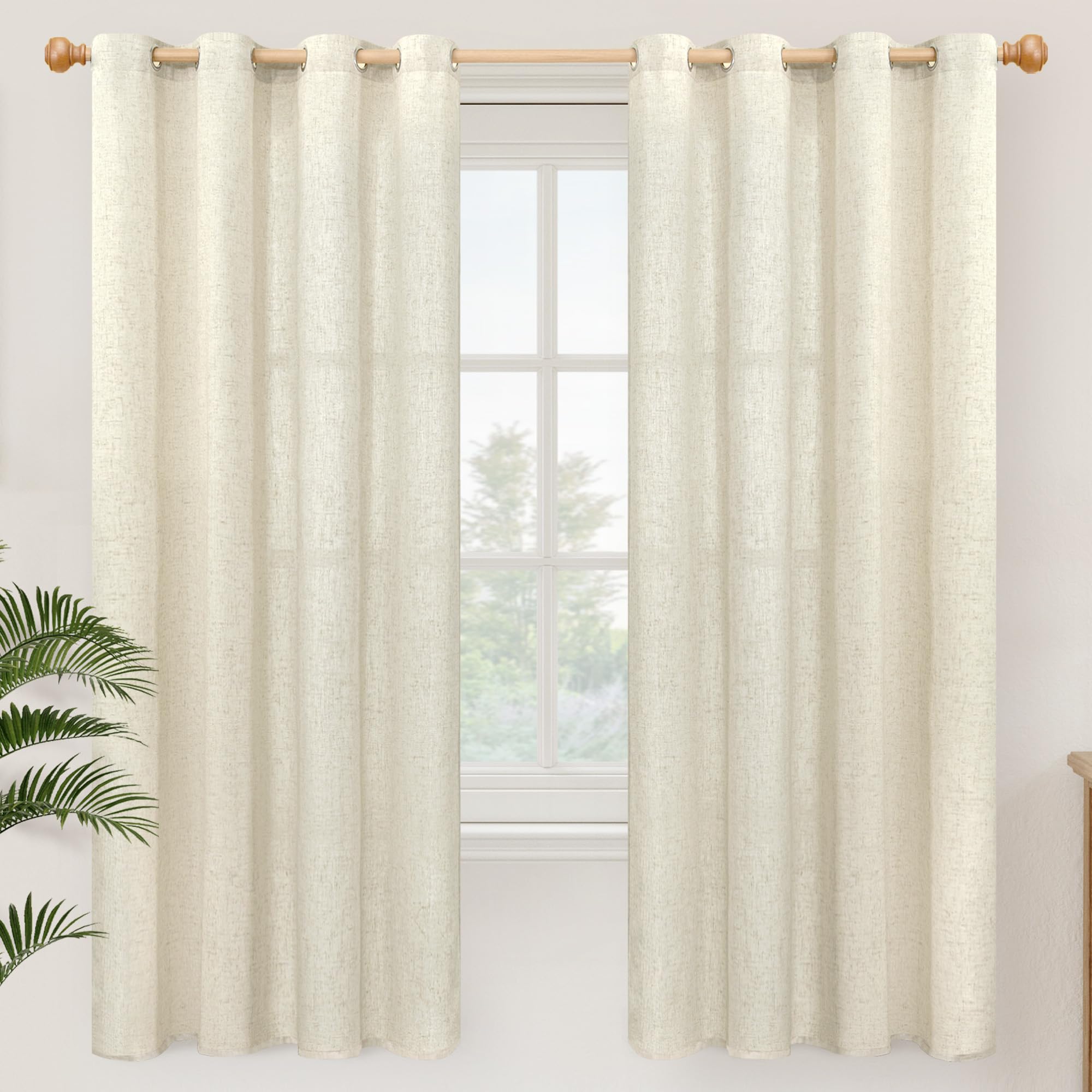 YoungsTex Linen Semi Sheer Curtains 63 Inch Length 2 Panels for Living Room - Light Filtering Drapes with Bronze Grommet Beige Window Treatments for Country Office Bedroom, 52 X 63 Inch