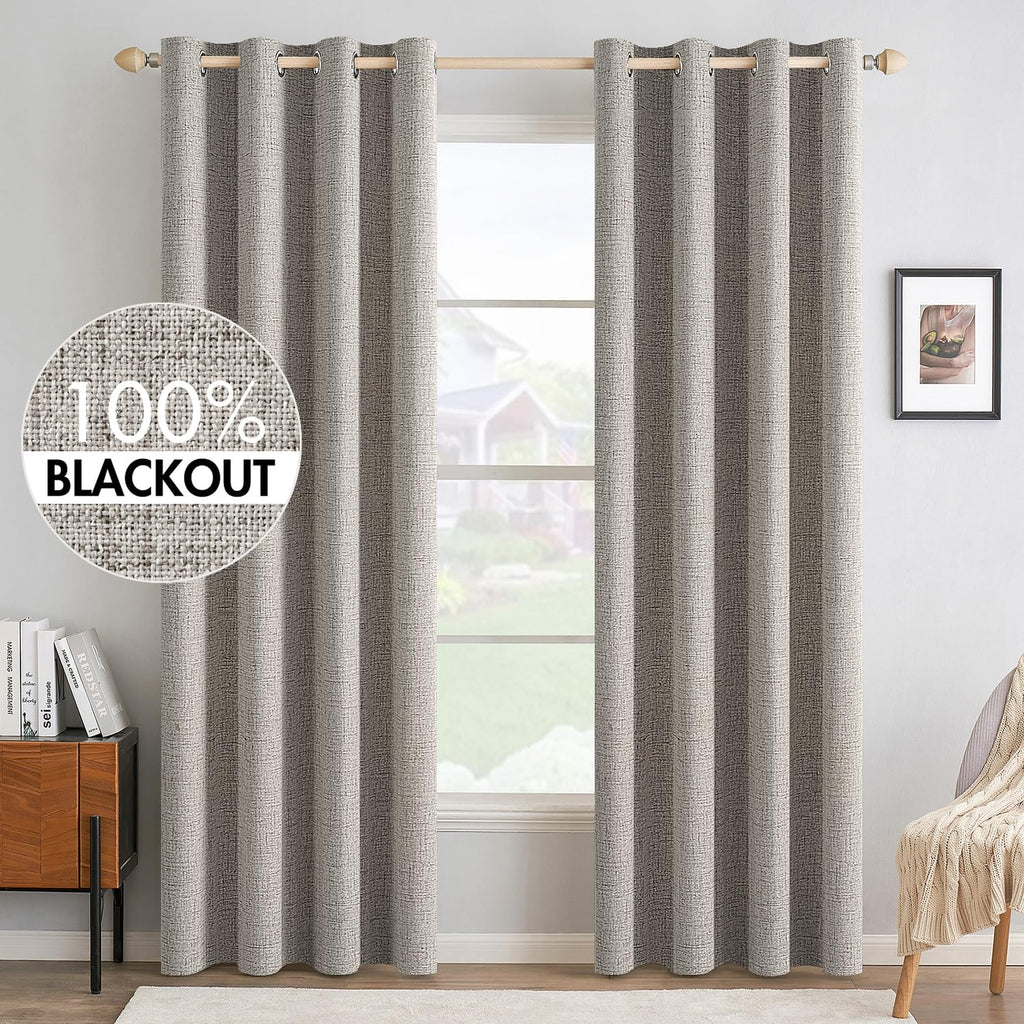 MIULEE 100% Blackout Linen Textured Curtains for Bedroom Solid Thermal Insulated Cream Grommet Room Darkening Curtains & Drapes Luxury Decor for Living Room Nursery 52 x 84 Inch (2 Panels)
