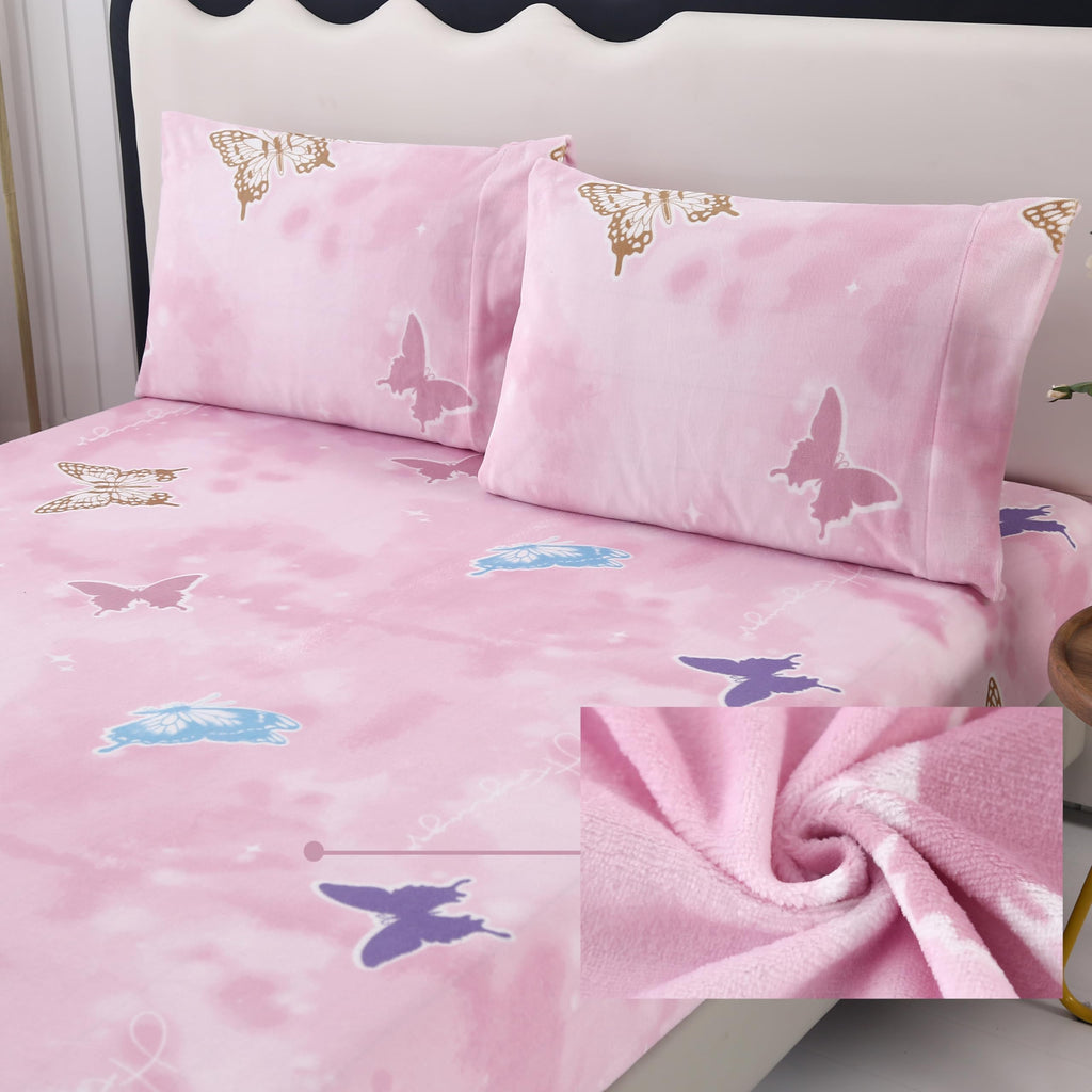 MAG 3Pcs Fleece Fitted Sheet Twin Size with Pink Cherry Pattern, Super Cute Fluffy Warm Bottom Sheets for Kids,Girls,included1*Fitted Sheet and 2*Pillowcases.