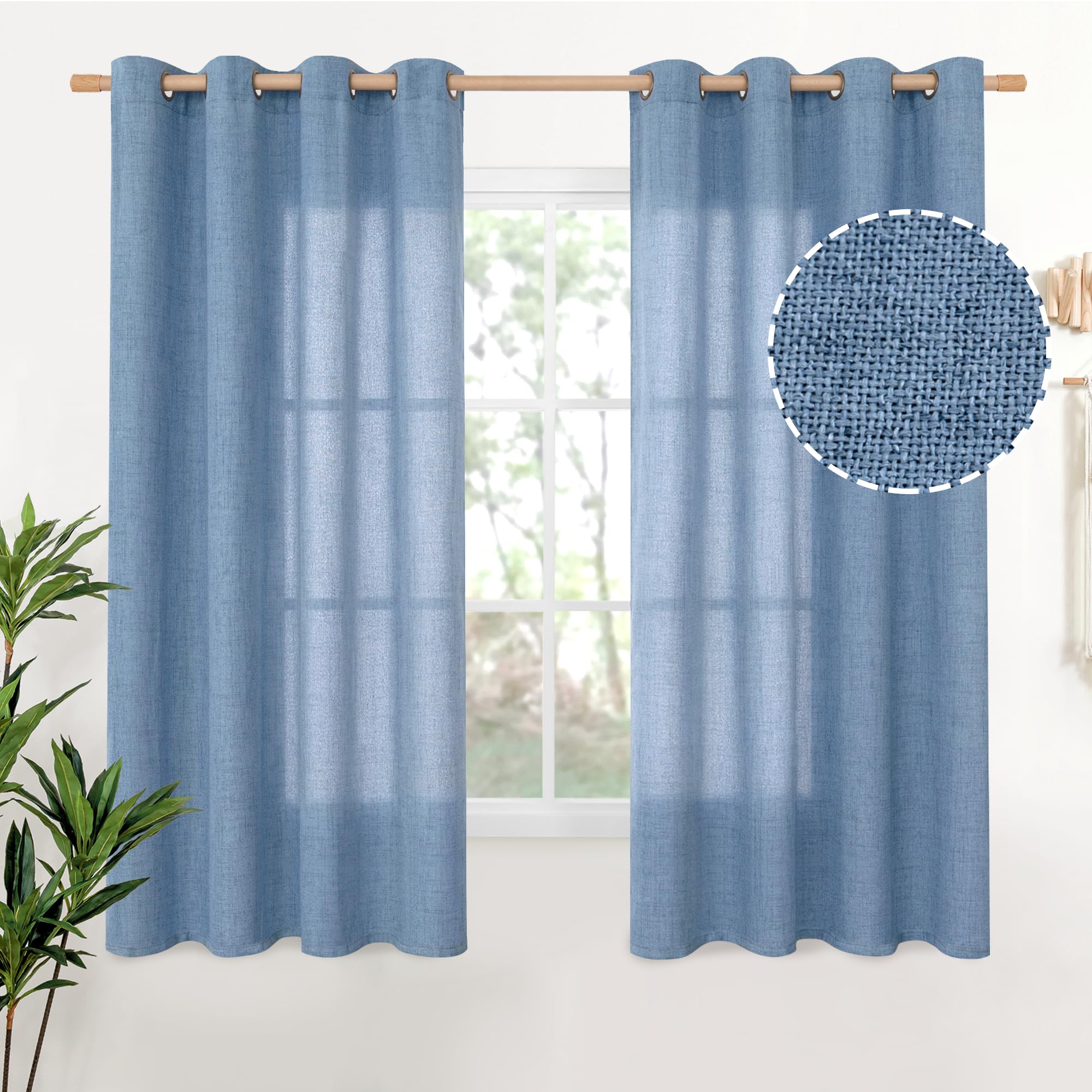 YoungsTex Linen Semi Sheer Curtains 63 Inch Length 2 Panels for Living Room - Light Filtering Drapes with Bronze Grommet Beige Window Treatments for Country Office Bedroom, 52 X 63 Inch