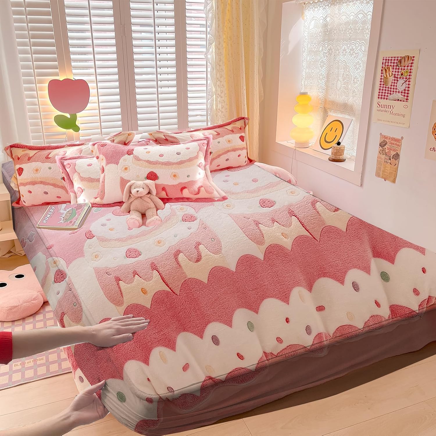 MorroMorn Fleece Fitted Sheet Full Only, Super Soft Plush Bottom Sheet with 20" Deep Pocket, Pink Kawaii Cute for Girls Kids Teen Fall Winter Spring, No Pillowcases (Rainbow Love, Full Size)