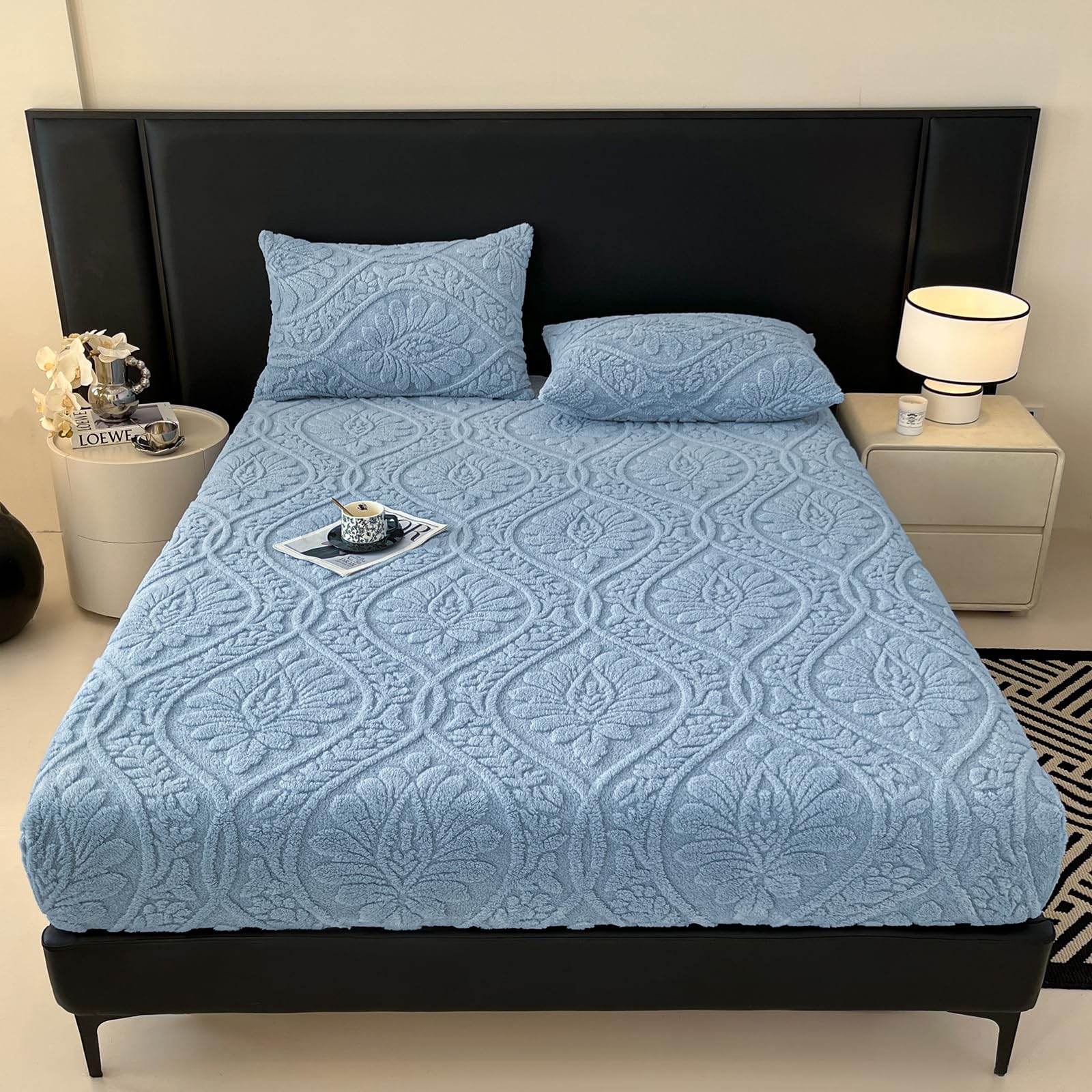 LweiPsqLin Fluffy Velvet Fitted Sheet Full Size - Micro Fleece Bed Sheet with 15" Deep Pockets, Bohemian Floral Jacquard Mattress Cover, Shrink & Fade Resistant, Khaki