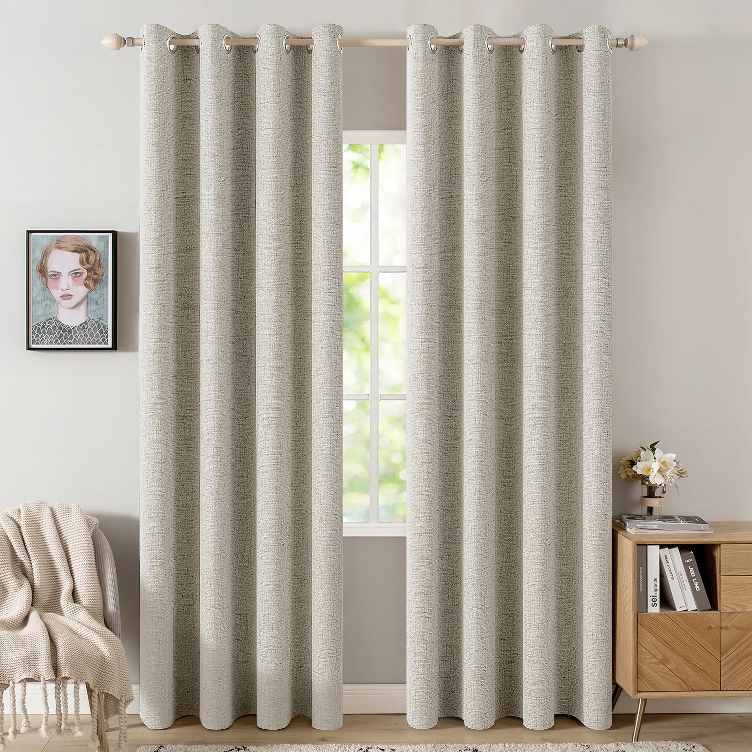 MIULEE 100% Blackout Linen Textured Curtains for Bedroom Solid Thermal Insulated Cream Grommet Room Darkening Curtains & Drapes Luxury Decor for Living Room Nursery 52 x 84 Inch (2 Panels)