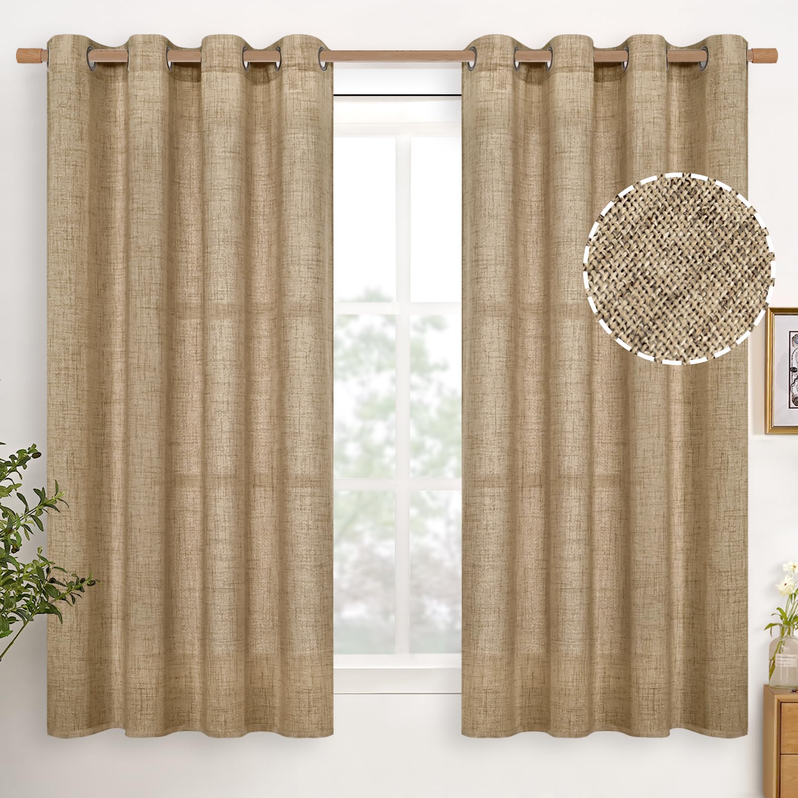 YoungsTex Linen Semi Sheer Curtains 63 Inch Length 2 Panels for Living Room - Light Filtering Drapes with Bronze Grommet Beige Window Treatments for Country Office Bedroom, 52 X 63 Inch