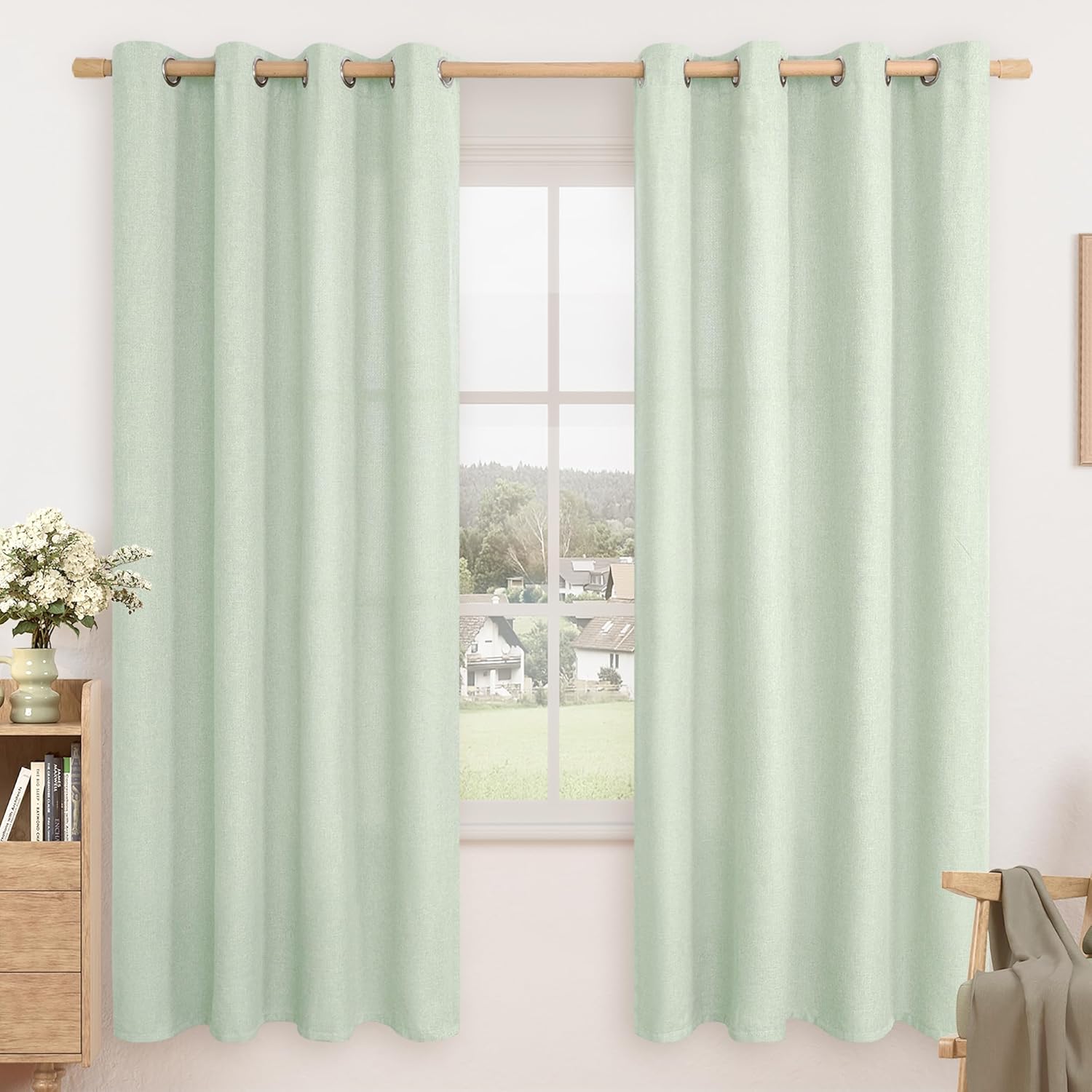 LAMIT Linen Curtains 84 inch Length 2 Panels, Grommet Thick Soft Light Filtering Curtains Privacy Living Room Window Drapes for Bedroom/Farmhouse, W52 x L84, Natural Beige