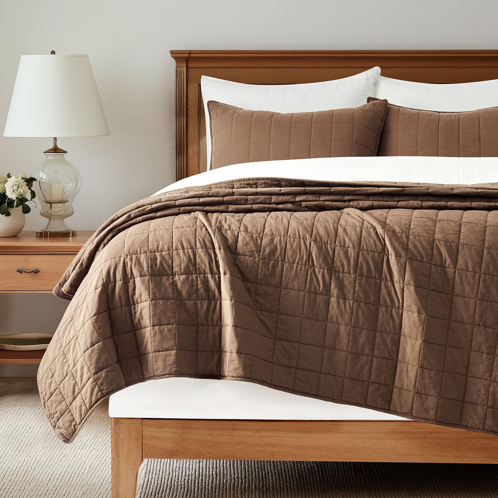 EVERGRACEHOME 100% Cotton Box Stitch Quilt Bedding Set Queen Size 3 Pieces, Garment-Washed Lightweight Soft Cozy Coverlet, Quilted Bedspread Sets with 2 Shams for All Season, Blue Linen | Box Stitch Design, 100% Cotton, Soft, Oversized, Pre Washed, Oeko-T