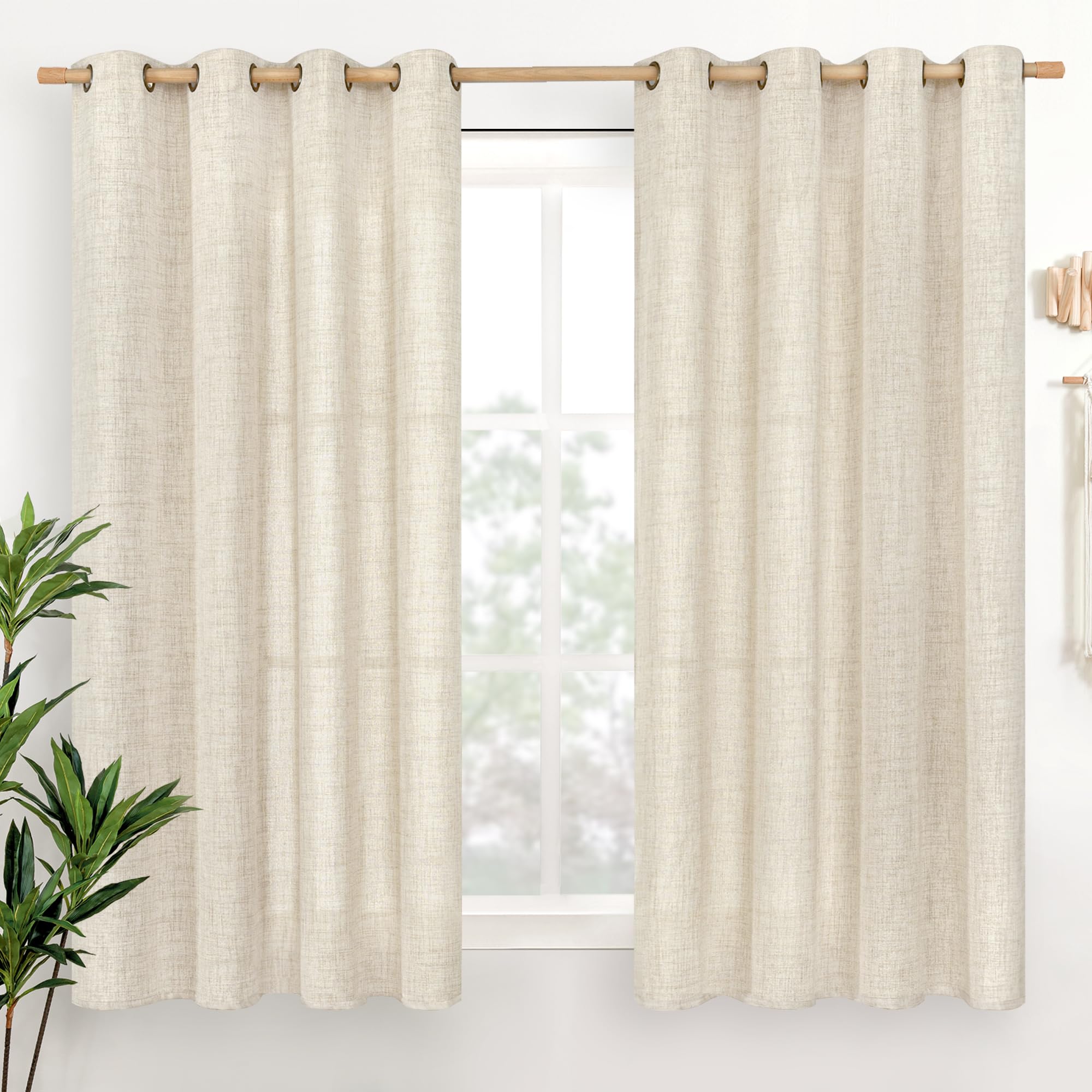 YoungsTex Linen Semi Sheer Curtains 63 Inch Length 2 Panels for Living Room - Light Filtering Drapes with Bronze Grommet Beige Window Treatments for Country Office Bedroom, 52 X 63 Inch