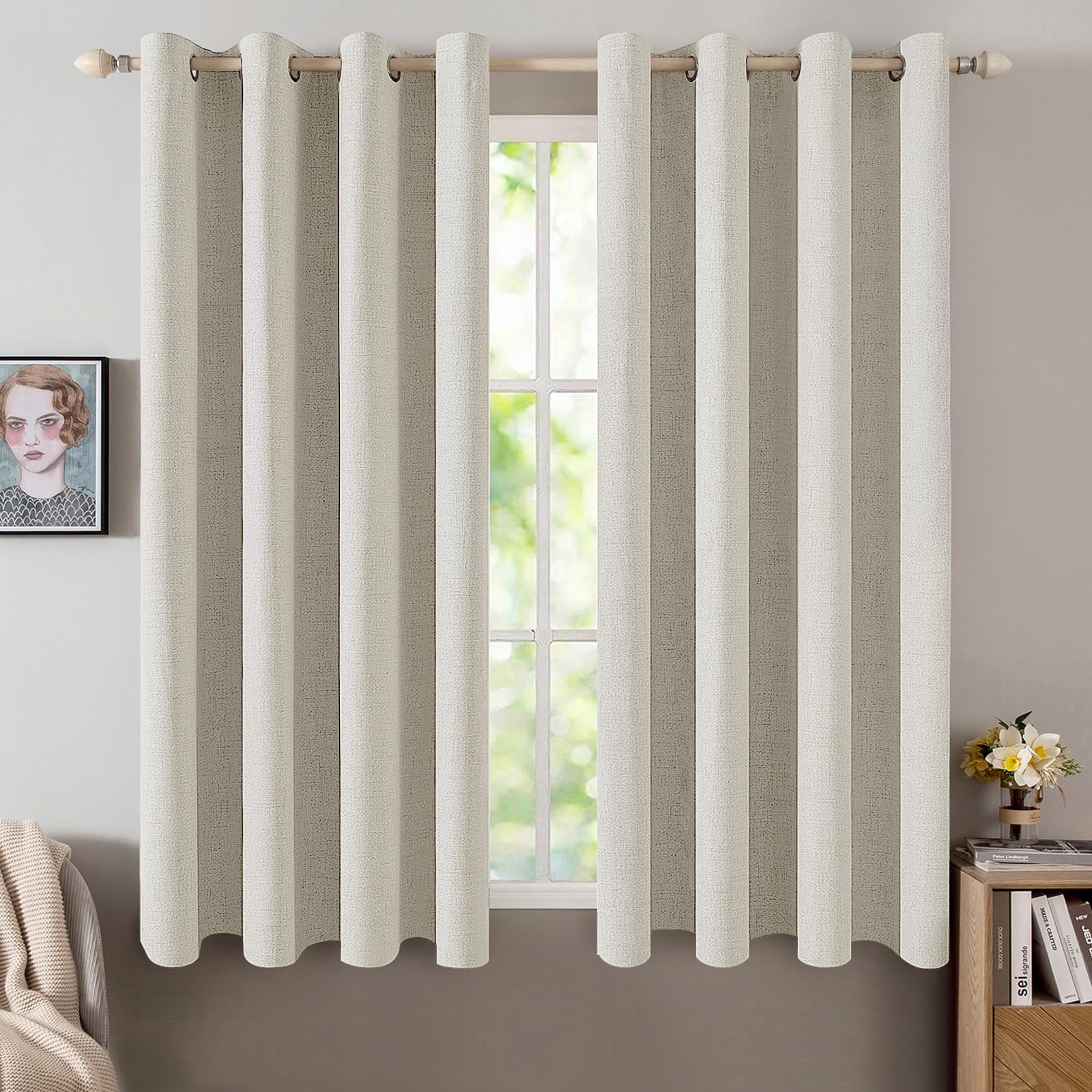 MIULEE 100% Blackout Linen Textured Curtains for Bedroom Solid Thermal Insulated Cream Grommet Room Darkening Curtains & Drapes Luxury Decor for Living Room Nursery 52 x 84 Inch (2 Panels)