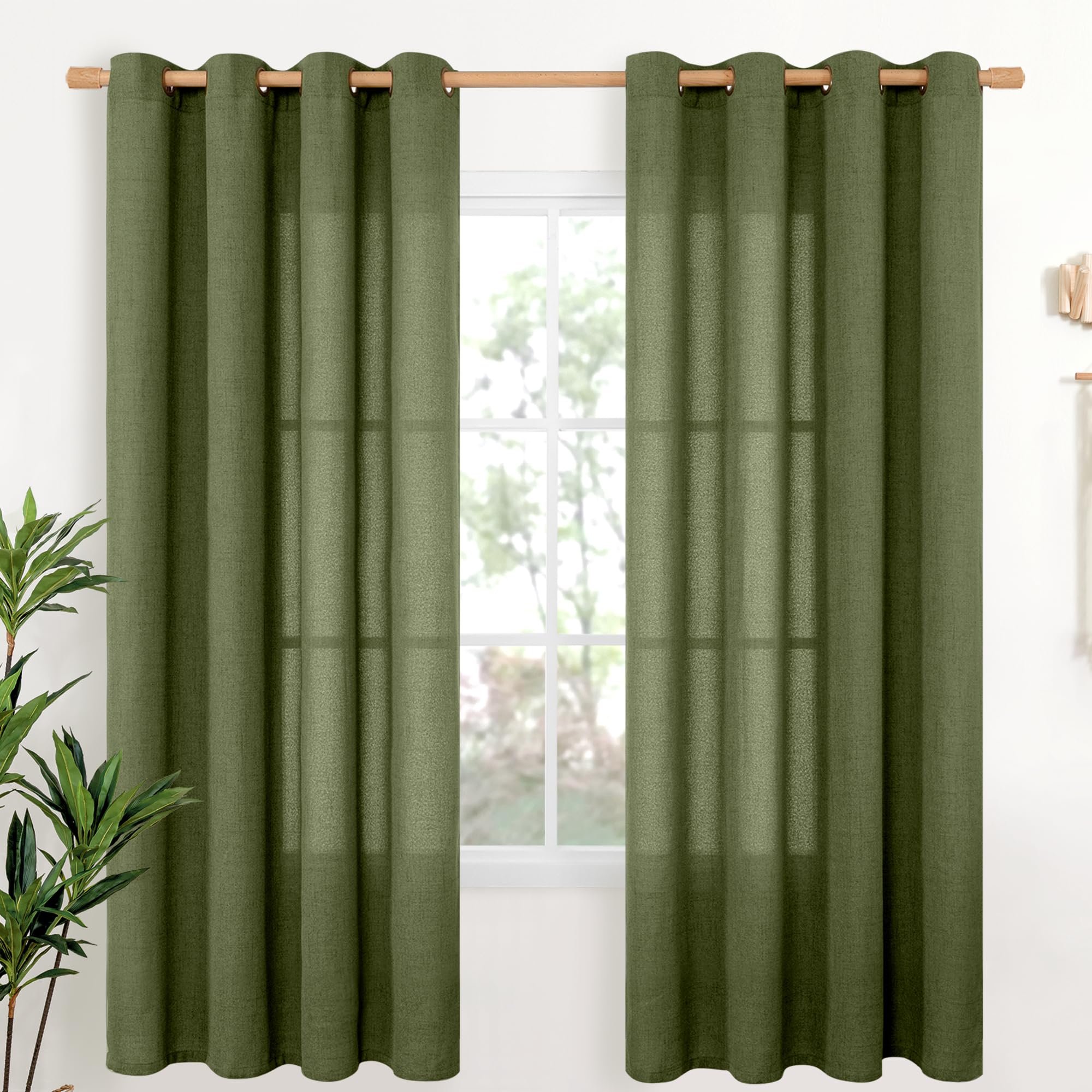 YoungsTex Linen Semi Sheer Curtains 63 Inch Length 2 Panels for Living Room - Light Filtering Drapes with Bronze Grommet Beige Window Treatments for Country Office Bedroom, 52 X 63 Inch