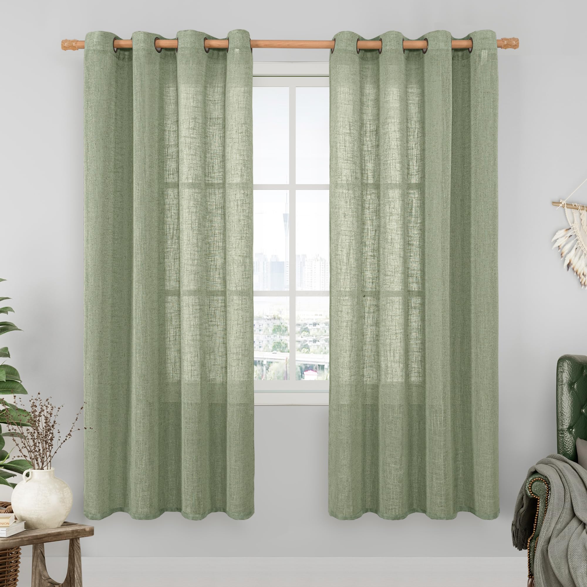 LAMIT Natural Ivory Linen Semi Sheer Curtains 84 inch Length, Cream Light Filtering Soft Thick Neutral Living Room Drapes with Bronze Grommet for Bedroom/Farmhouse, 2 Panels, 52 x 84 Inch