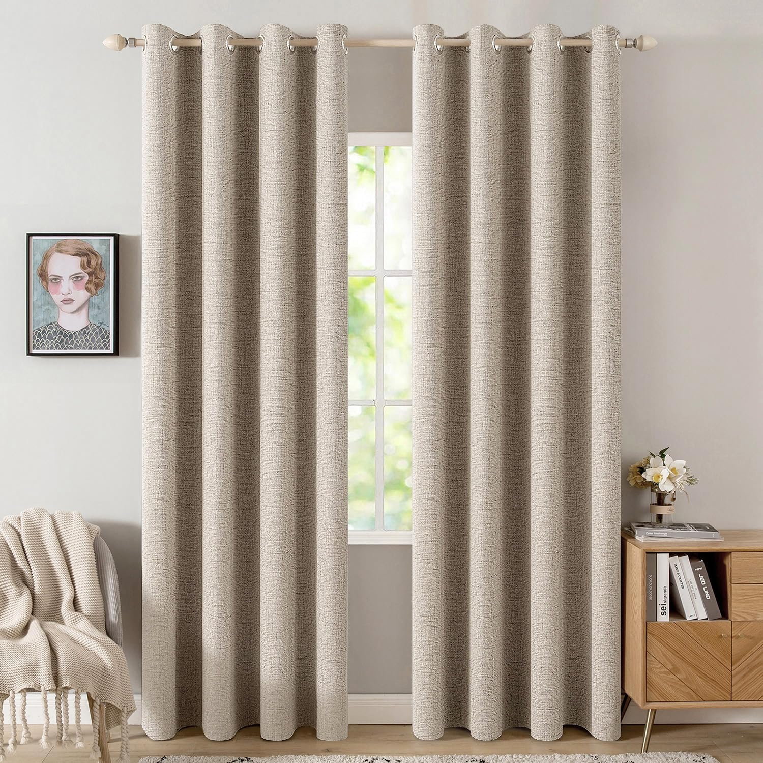 MIULEE 100% Blackout Linen Textured Curtains for Bedroom Solid Thermal Insulated Natural Beige Grommet Room Darkening Curtains & Drapes Luxury Decor for Living Room Nursery 52 x 96 Inch (2 Panels)