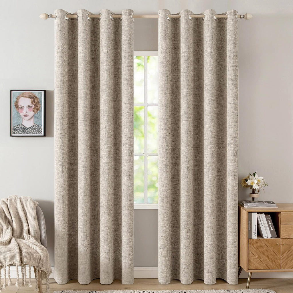 MIULEE 100% Blackout Linen Textured Curtains for Bedroom Solid Thermal Insulated Cream Grommet Room Darkening Curtains & Drapes Luxury Decor for Living Room Nursery 52 x 84 Inch (2 Panels)